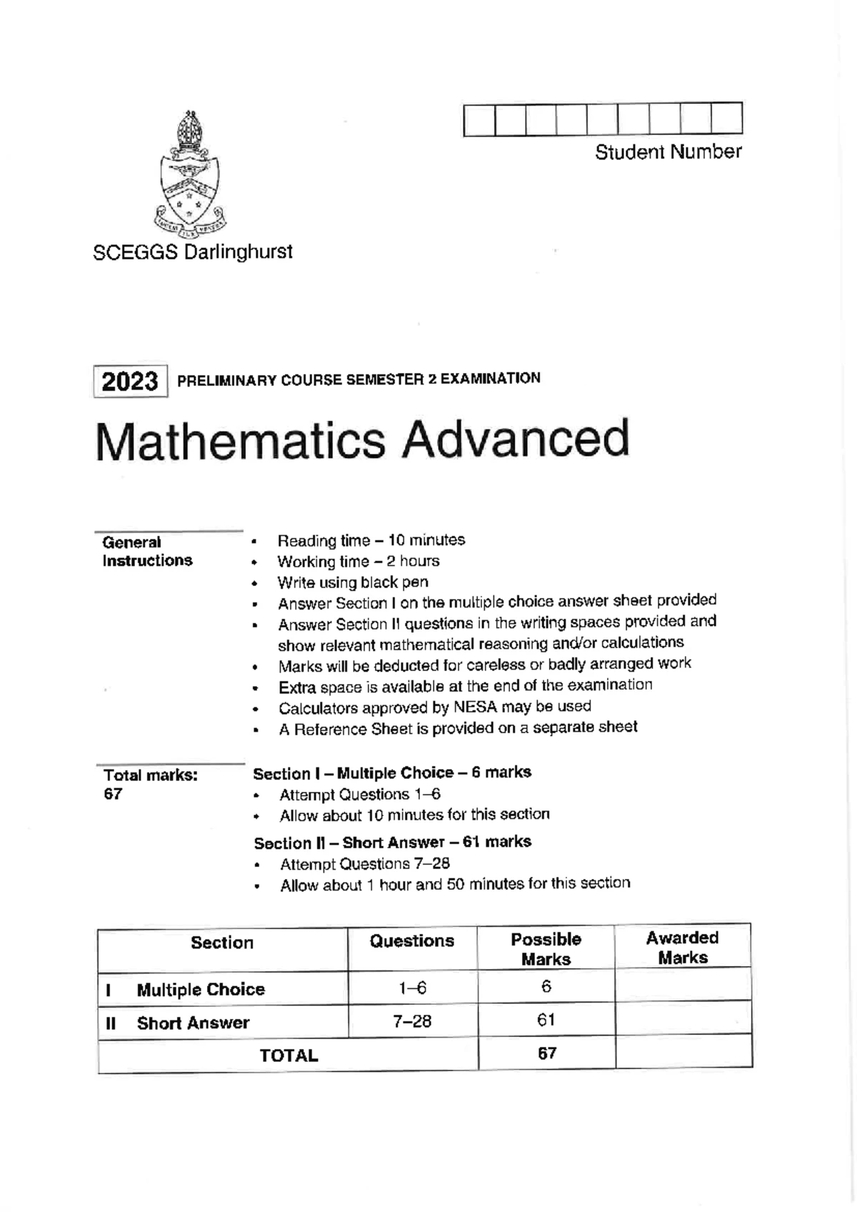 2024 HSC Year 11 Mathematics Advanced Task 2 Exam Answers - Studocu