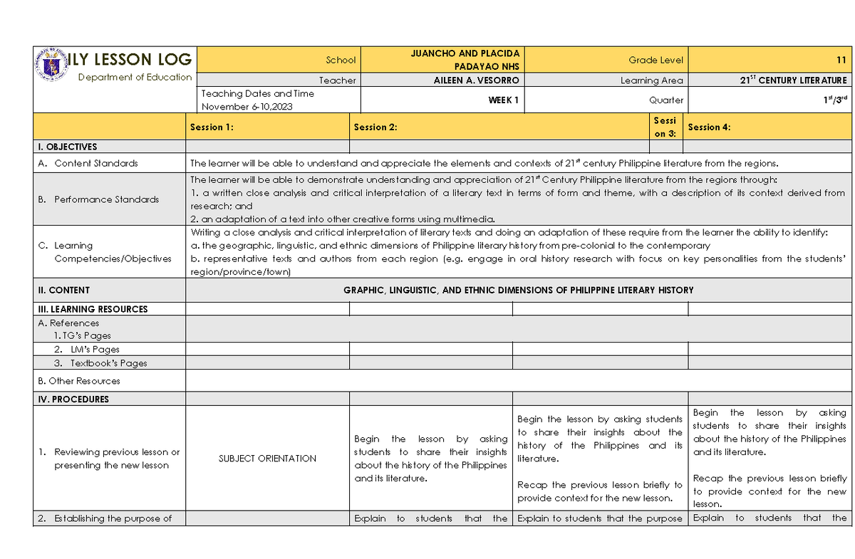 21ST CENTURY LITERATURE GRADE 11 DAILY LESSON LOG Q1 WEEK 1 - Studocu