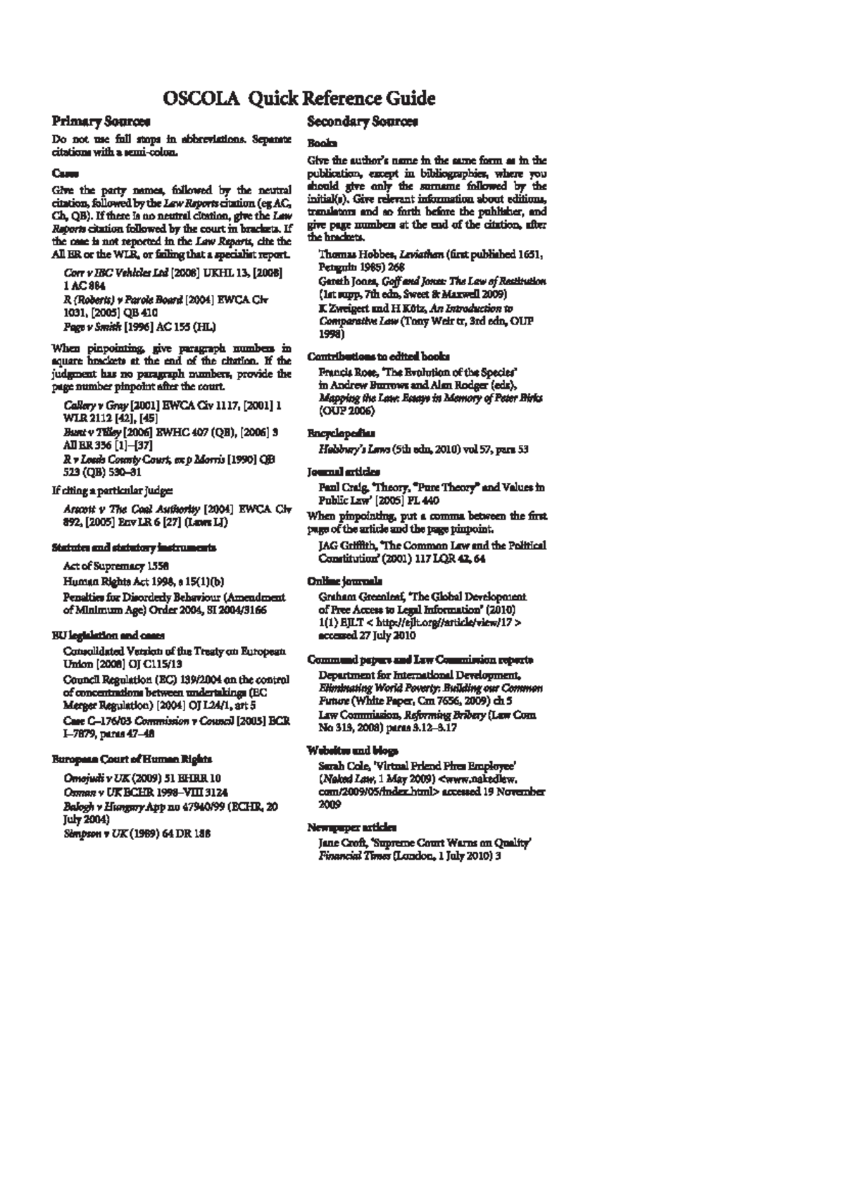 Oscola guide - OSCOLA Quick Reference Guide Primary Sources Secondary ...