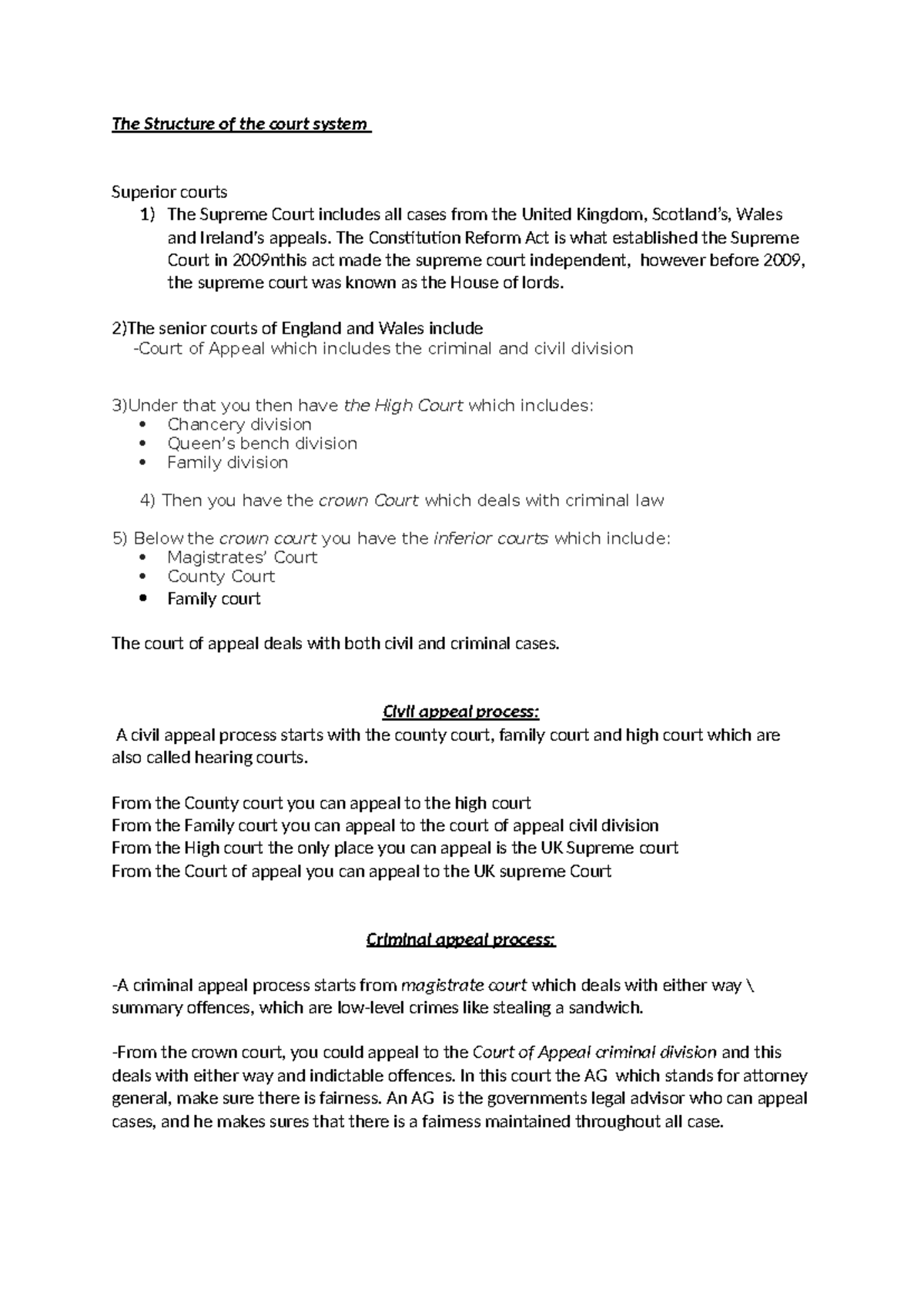 Common law LG3 - notes - The Structure of the court system Superior ...