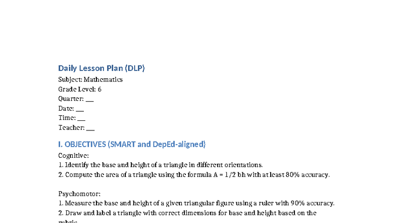 DLP: Daily Lesson Plan for Area of Triangle - Math 6 - Studocu