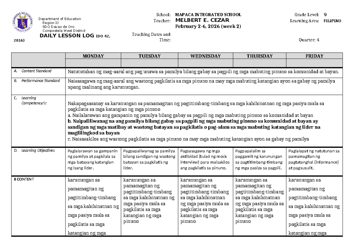 Filipino 9 Quarter 4 Week 2 Daily Lesson Log (DLL) - Studocu