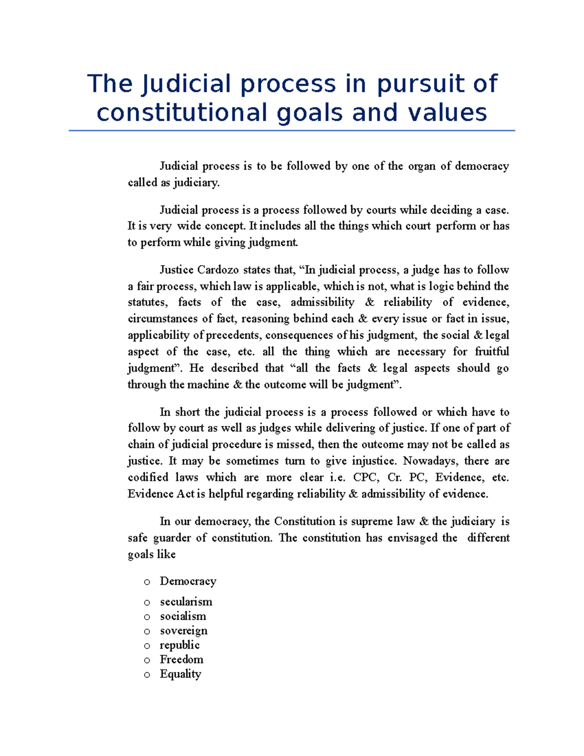 The Judicial Process: Upholding Constitutional Values and Goals - Studocu