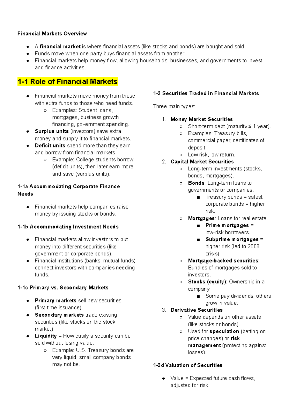 Financial Markets Overview: Key Concepts and Insights (FIN 101) - Studocu