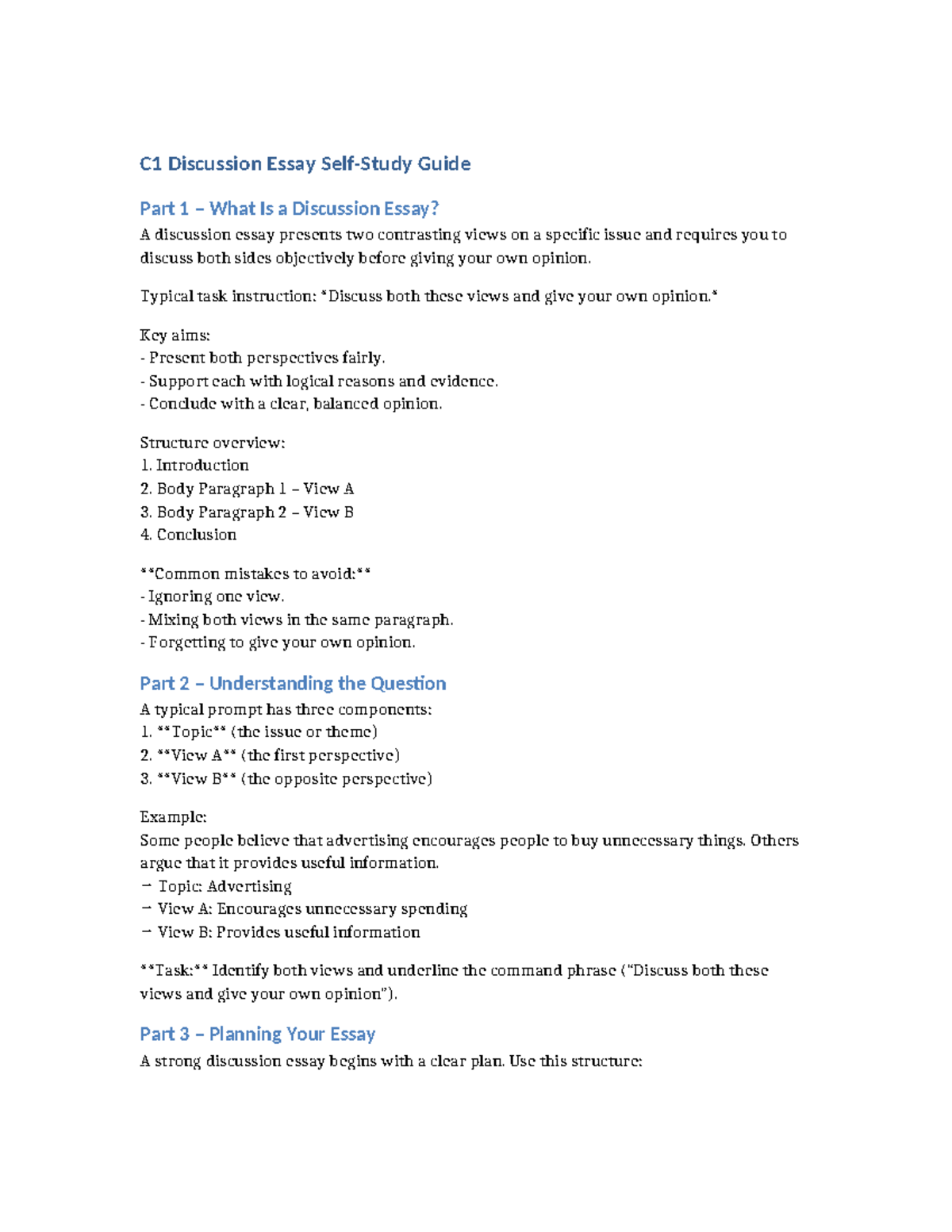 C1 Discussion Essay Self Study Guide: Structuring Your Argument - Studocu