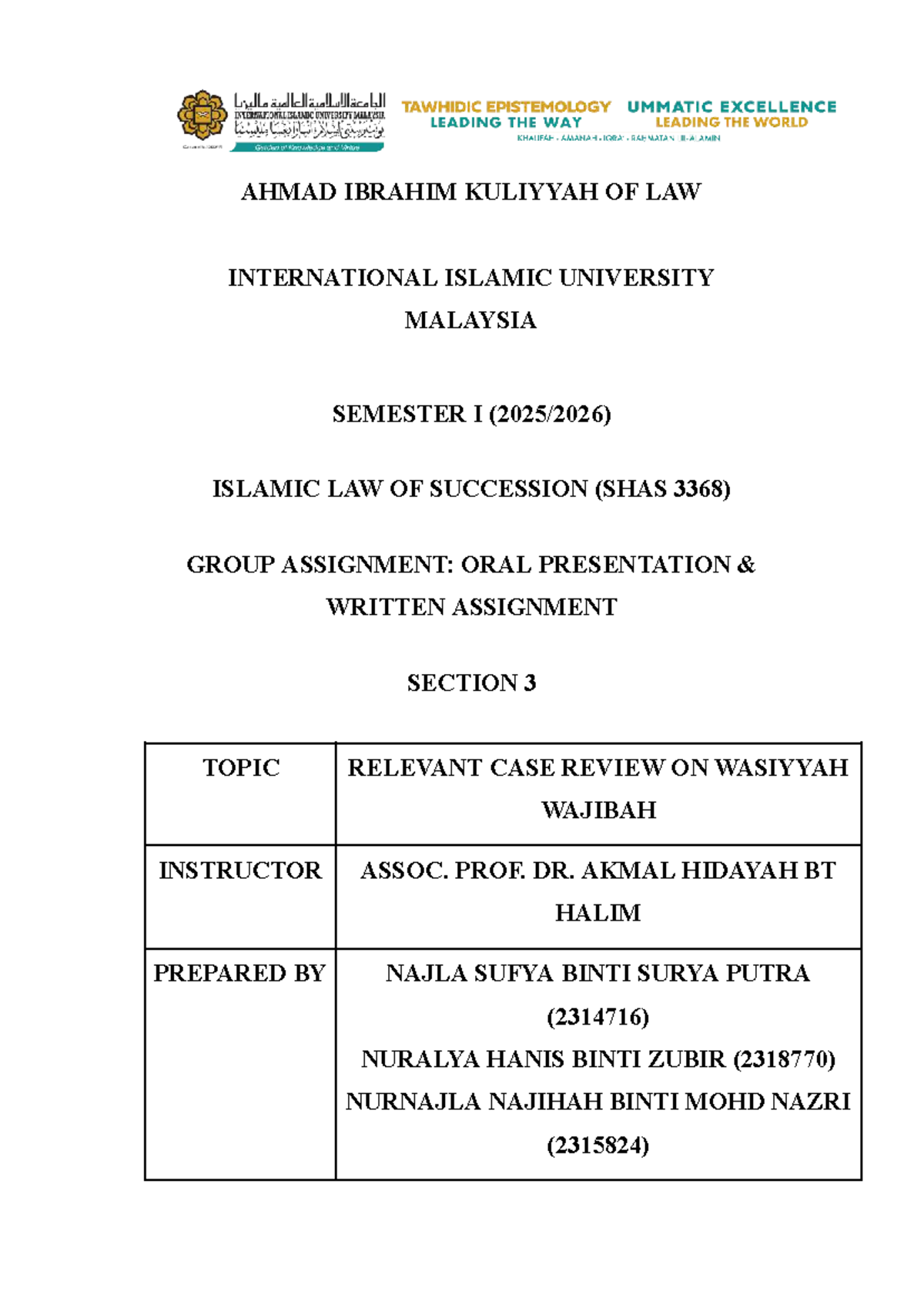 ILOS WASIYYAH WAJIBAH: A Case Review on Islamic Inheritance Law (SHAS ...