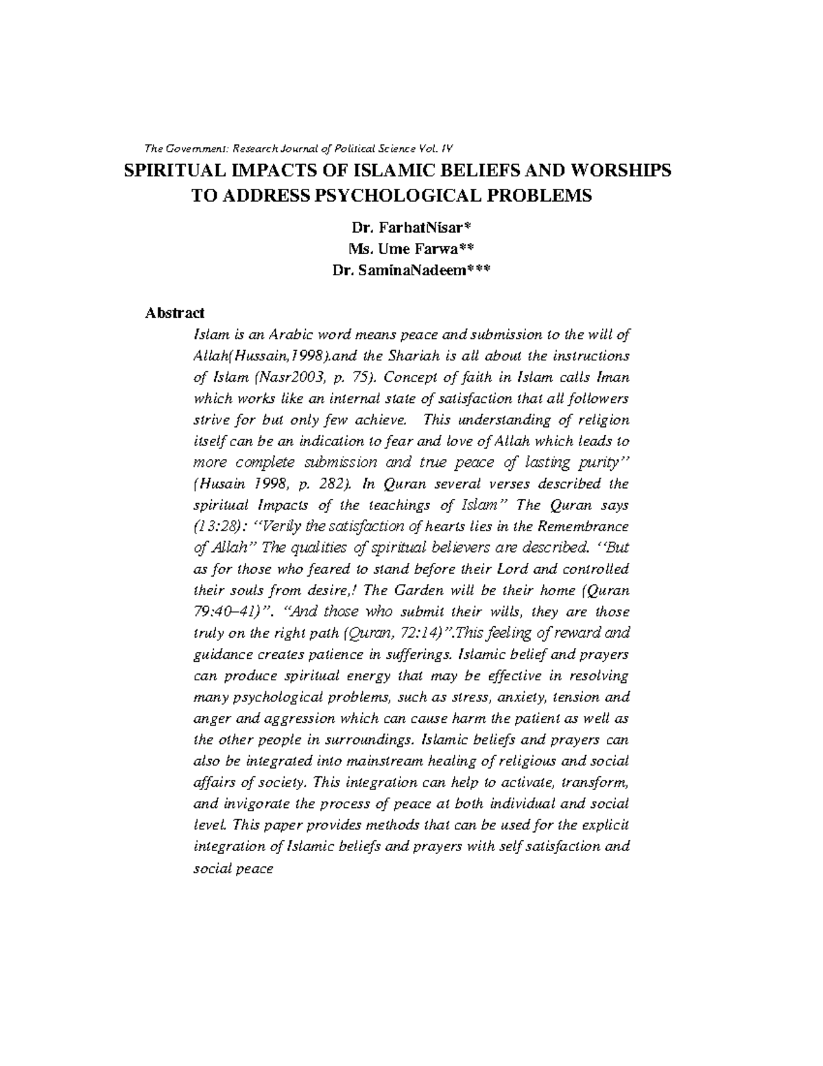 Spiritual Impacts of Islamic Beliefs on Psychological Well-being: A ...