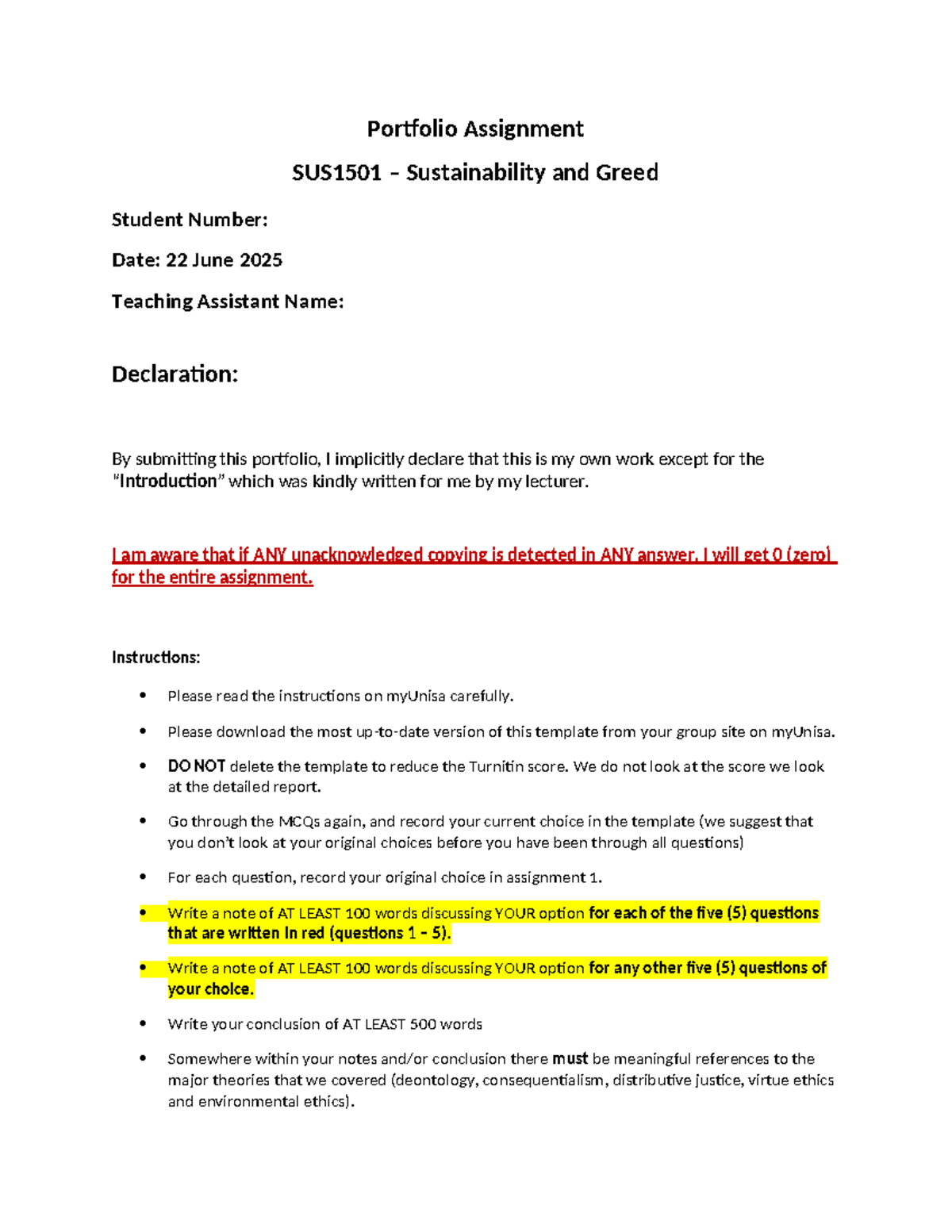 SUS1501 - Portfolio Assignment on Sustainability and Ethics - Studocu
