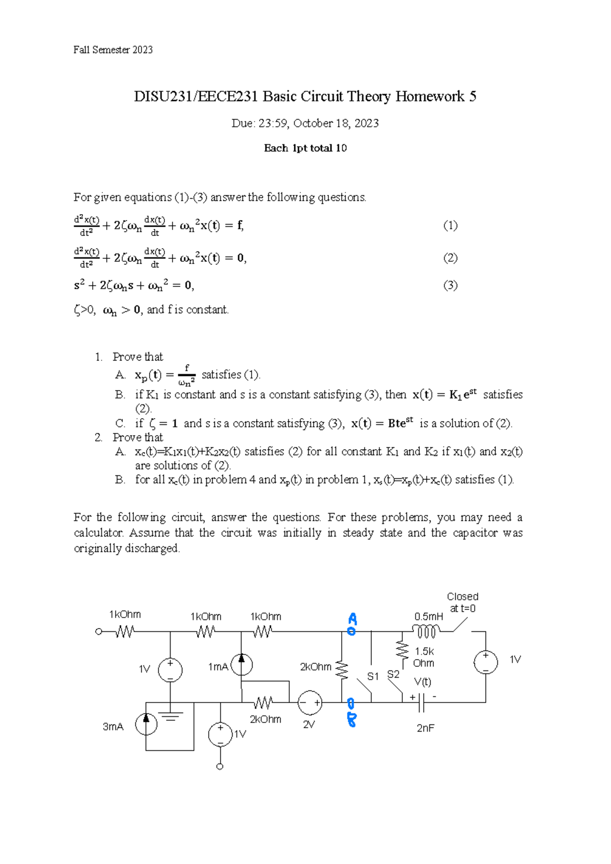 Fall 2023 EE 101 Basic Circuit Theory Homework 5 Solutions - Studocu