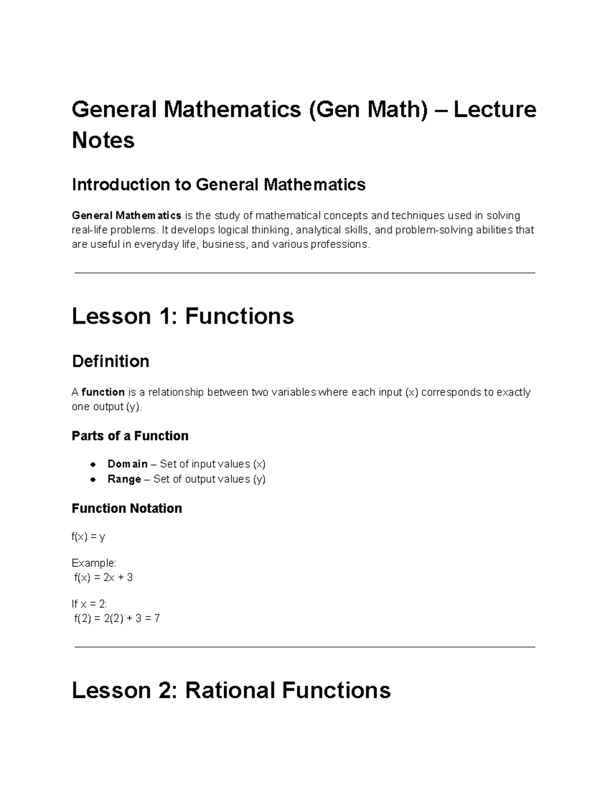 General Mathematics (Gen Math) – Lecture Notes on Functions & Interest ...