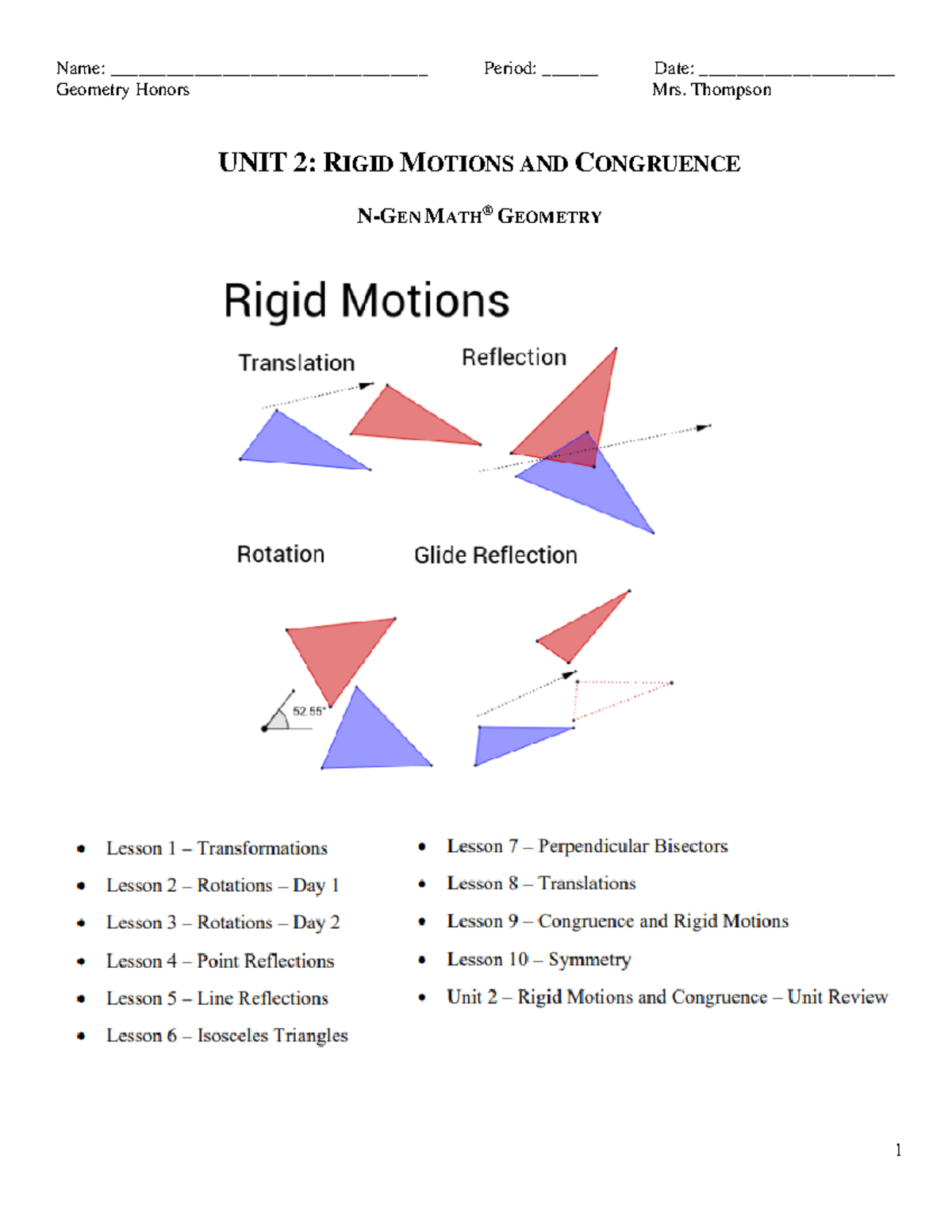 Geometry Honors: Unit 2 Rigid Motions & Congruence Packet (N-GEN MATH ...