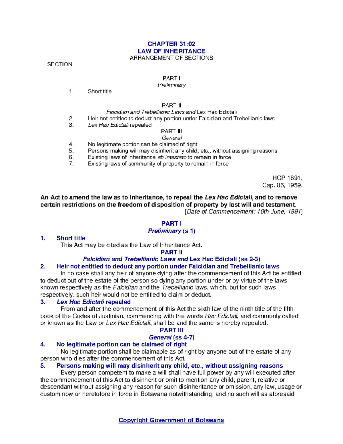 CHAPTER 31:02 LAW OF INHERITANCE ACT - Key Provisions & Sections - Studocu
