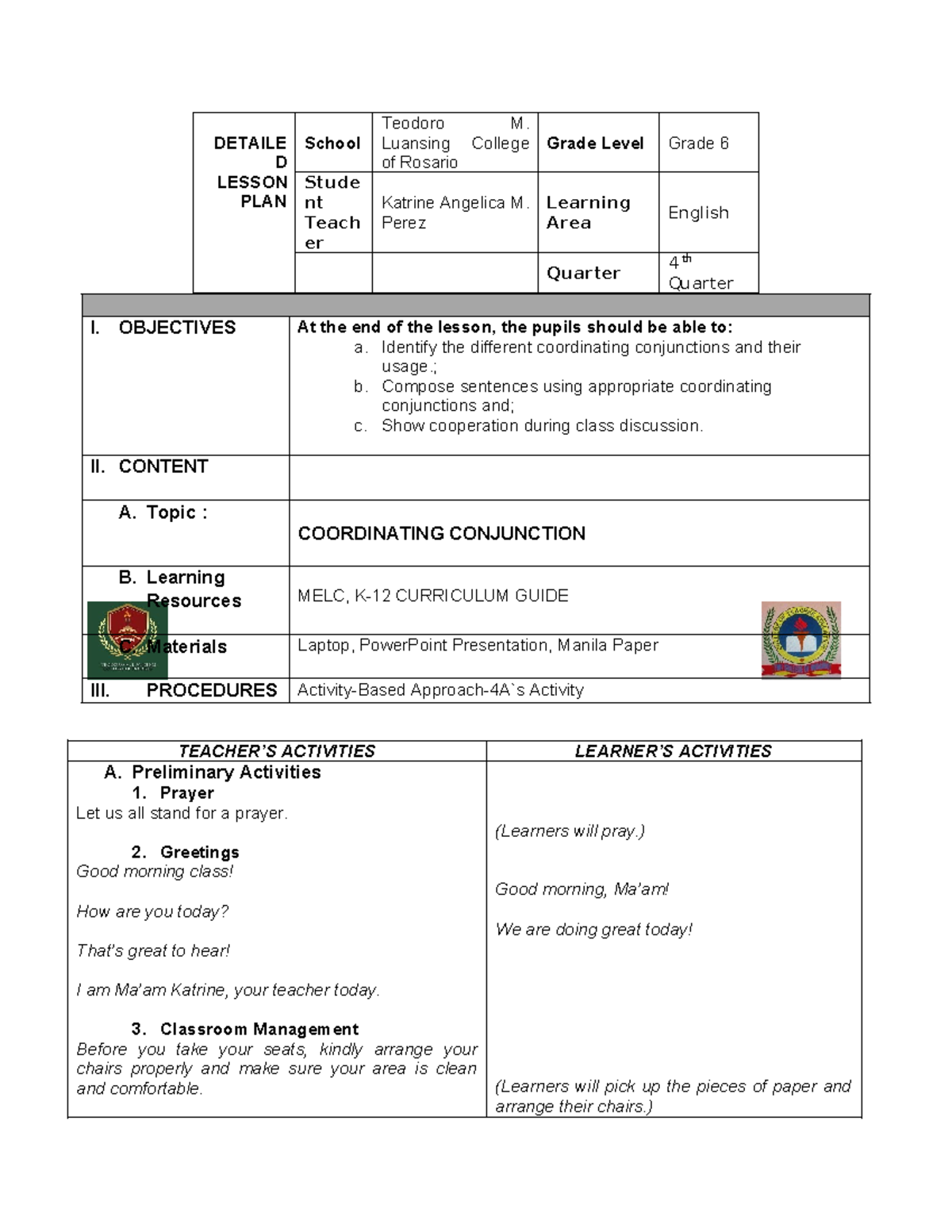 GRADE 6 Q4 W3 Lesson Plan on Coordinating Conjunctions - Studocu