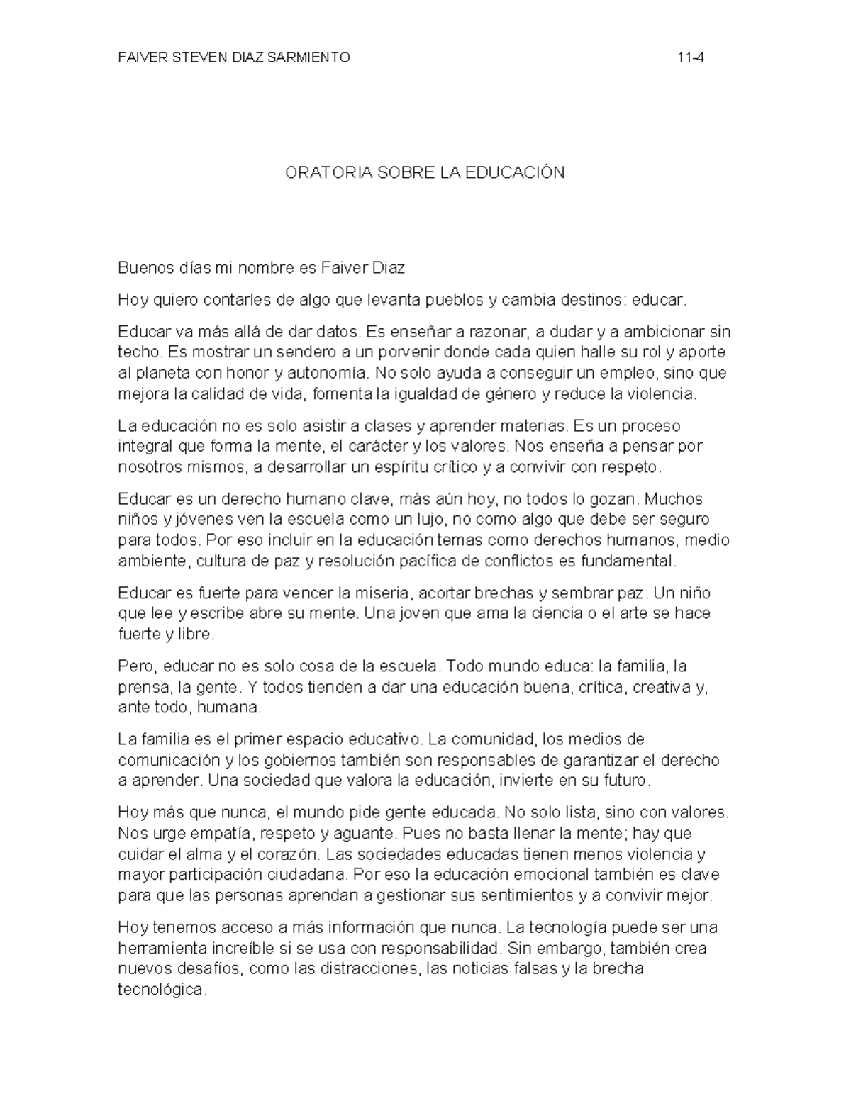 Oratoria sobre la Educación - FAIVER DIAZ - Studocu