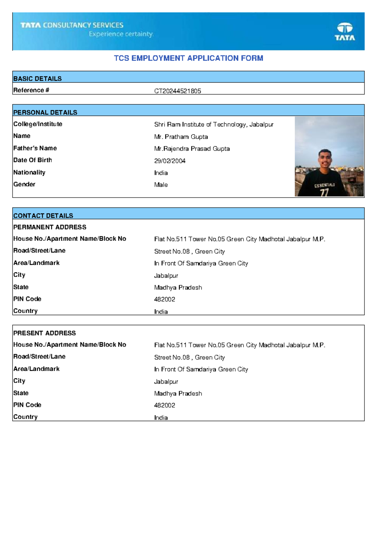 CT20244521805 Application - TCS EMPLOYMENT APPLICATION FORM BASIC ...