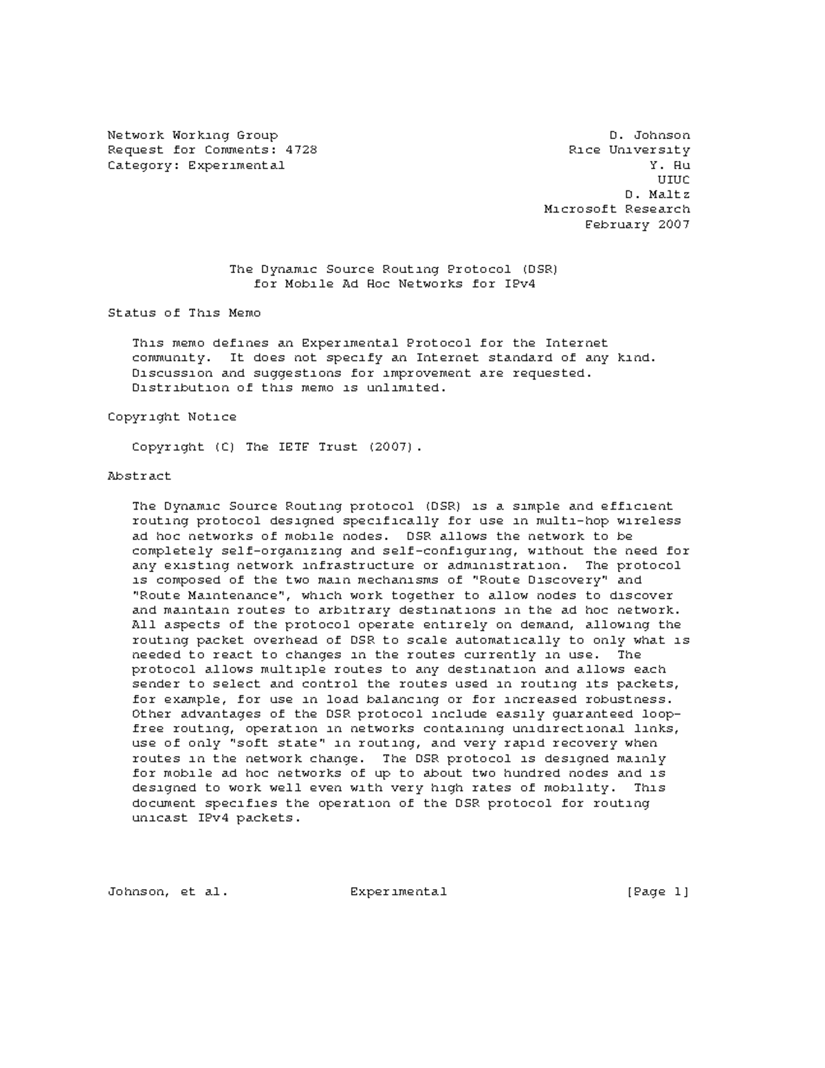 Dynamic Source Routing Protocol (DSR) for Mobile Ad Hoc Networks - RFC ...