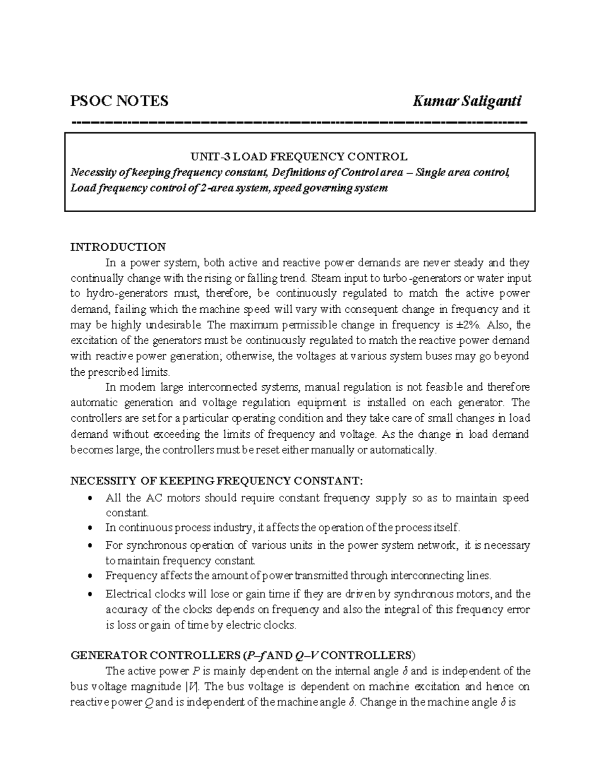 Load Frequency Control in Power Systems - PSOC NOTES Unit 3 - Studocu