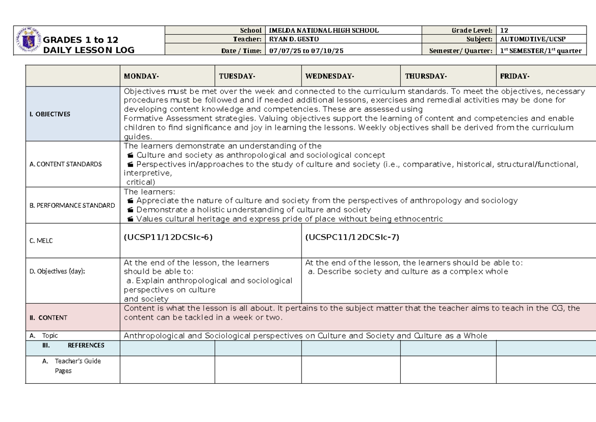 DLL for Week 3: Understanding Culture and Society - Grade 12 - Studocu
