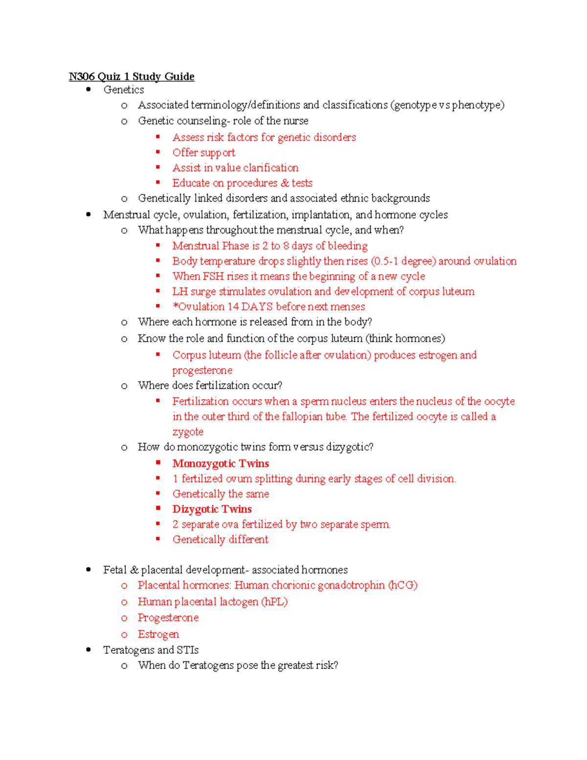 Study guide quiz 1 - N306 Quiz 1 Study Guide Genetics o Associated ...