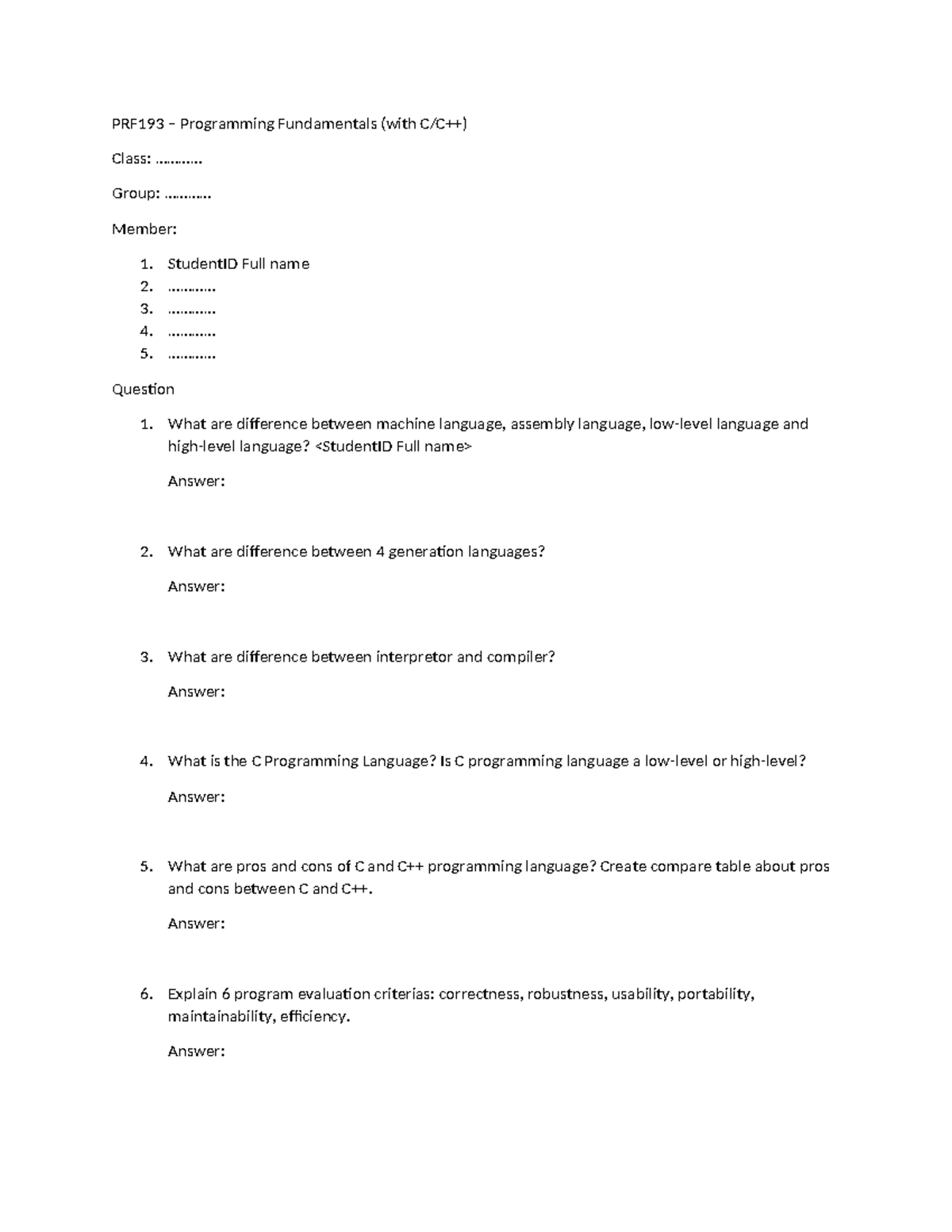 PRF193 Programming Fundamentals TL01 Exercise Group XX Answers - Studocu