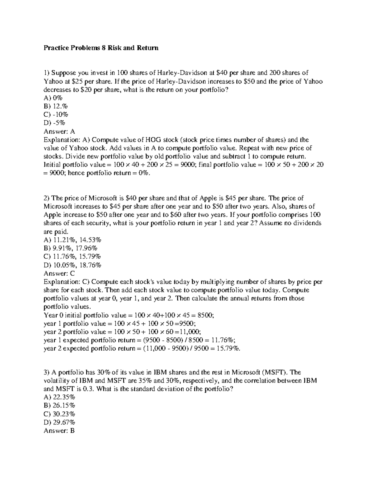 Practice Problems 8: Solutions on Risk and Return Analysis - Studocu