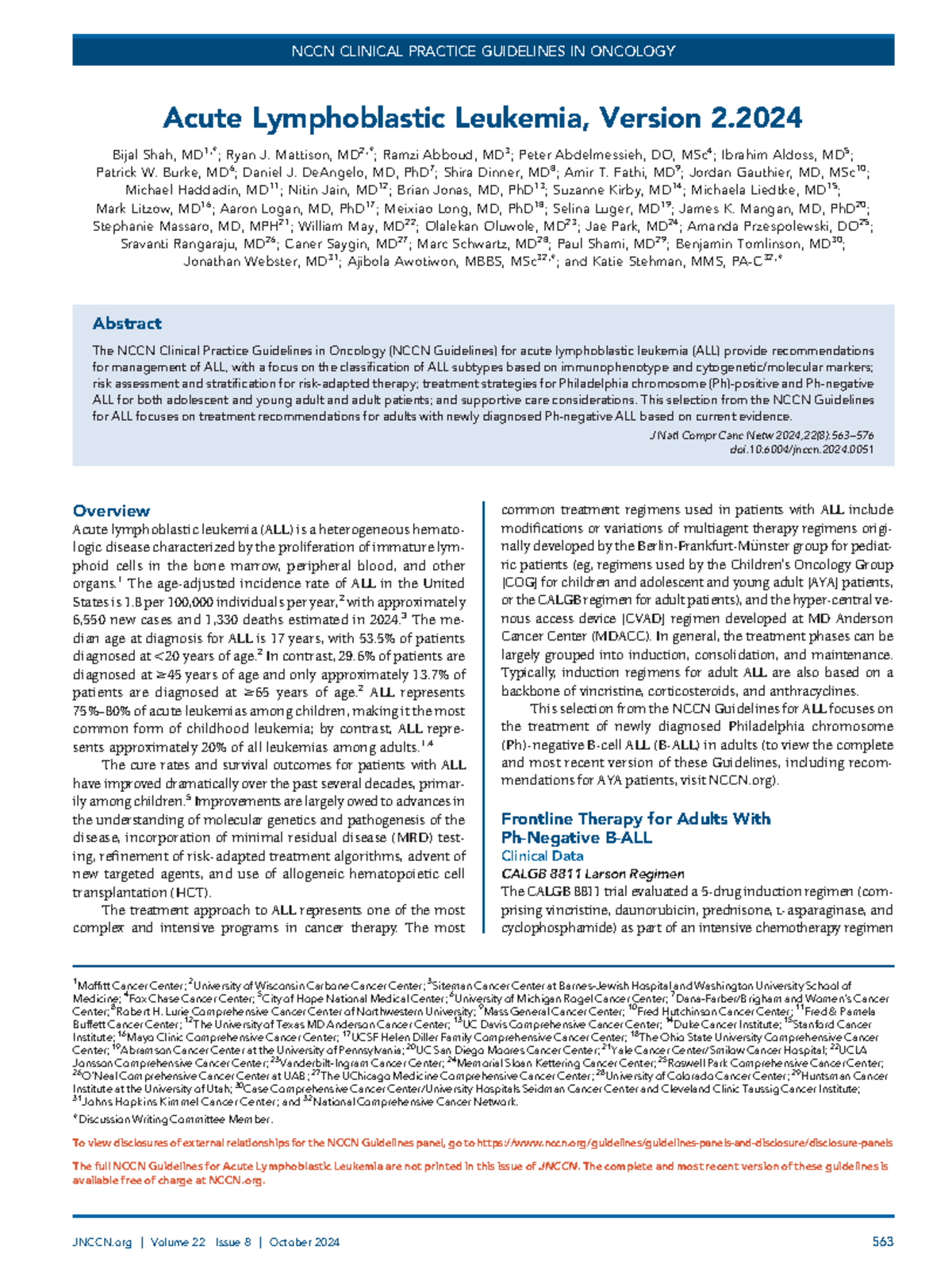 NCCN Guidelines for Oncology: Acute Lymphoblastic Leukemia, Version 2. ...