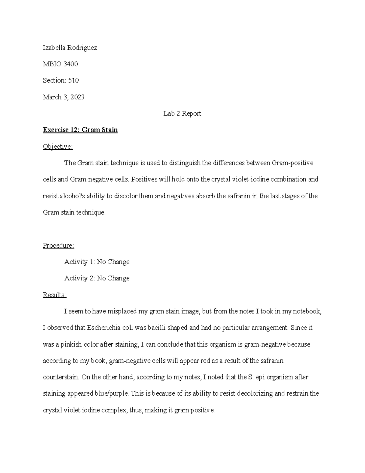 MBIO 3400 Lab Report 2: Staining Techniques & Bacterial Identification ...