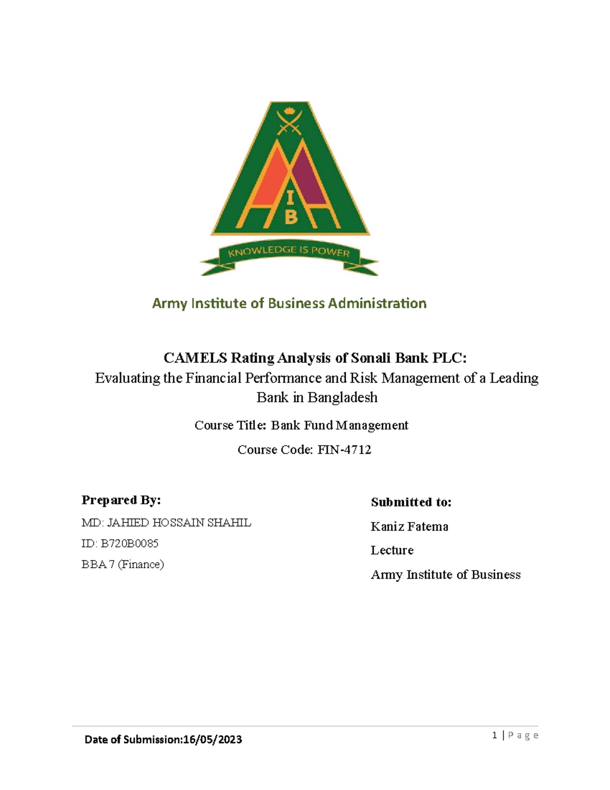 CAMELS Rating Analysis of NCC Bank LTD - FIN- Term Paper - Document Preview