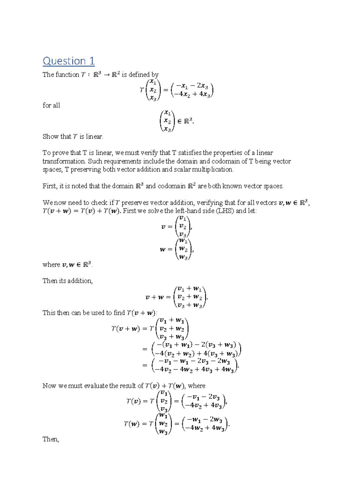 MATH1231 assignment (applied mathematics) - Question 1 The function 𝑇 ∶ ...
