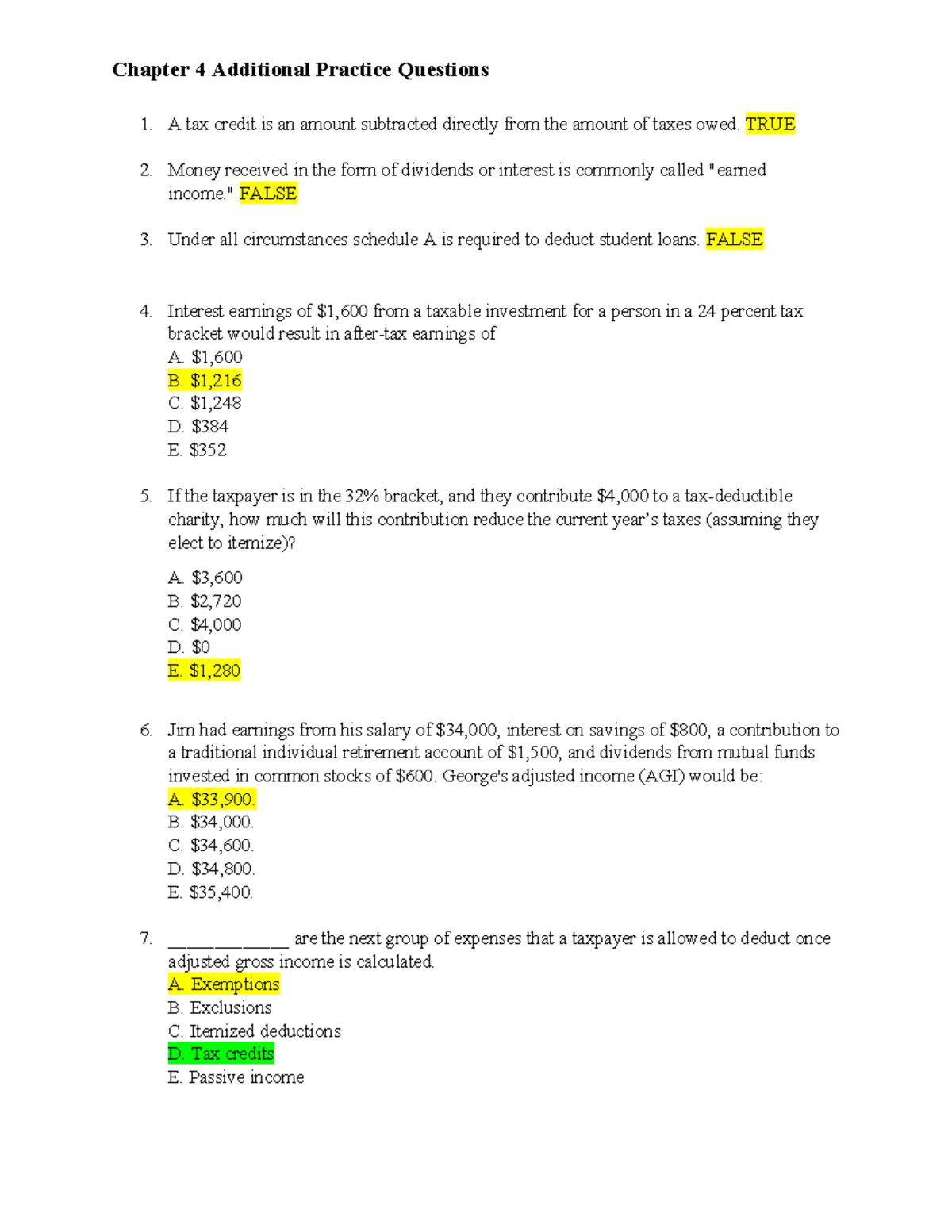 Taxation Concepts & Practice Questions for Exam Prep (Chapter 4) - Studocu