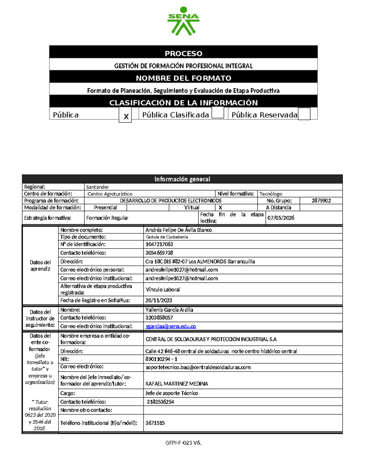 GFPI-F-023 V06. Formato de Planeación, Seguimiento y Evaluación de ...