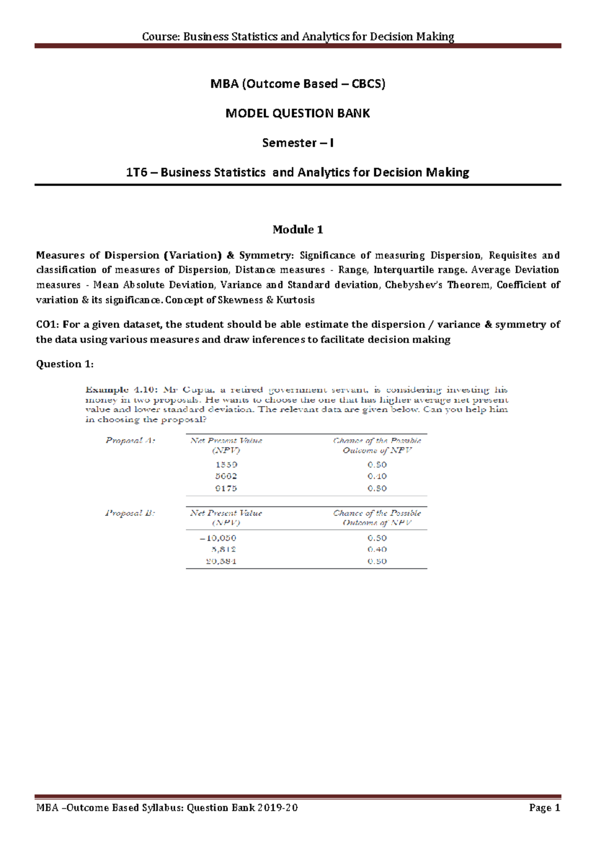 MBA 1T6 Business Statistics & Analytics: Model Question Bank - Studocu