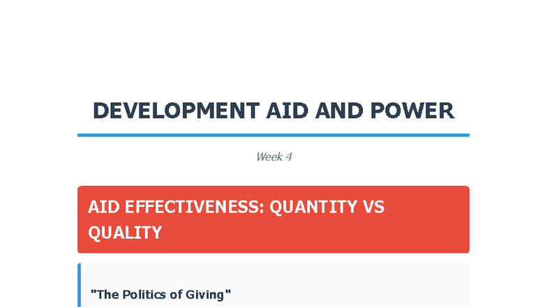 DEVELOPMENT AID AND POWER: AID EFFECTIVENESS STUDY SHEET - Studocu