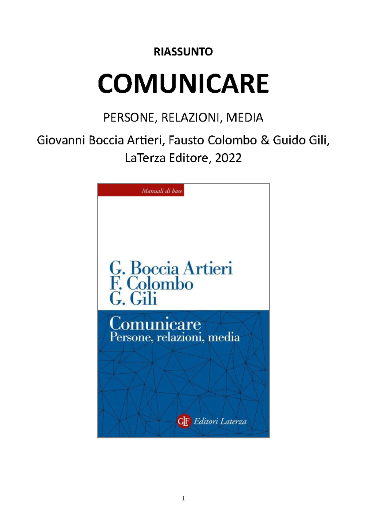 Riassunto del Libro "Comunicare: Persone, Relazioni, Media" (2022) - Document Preview