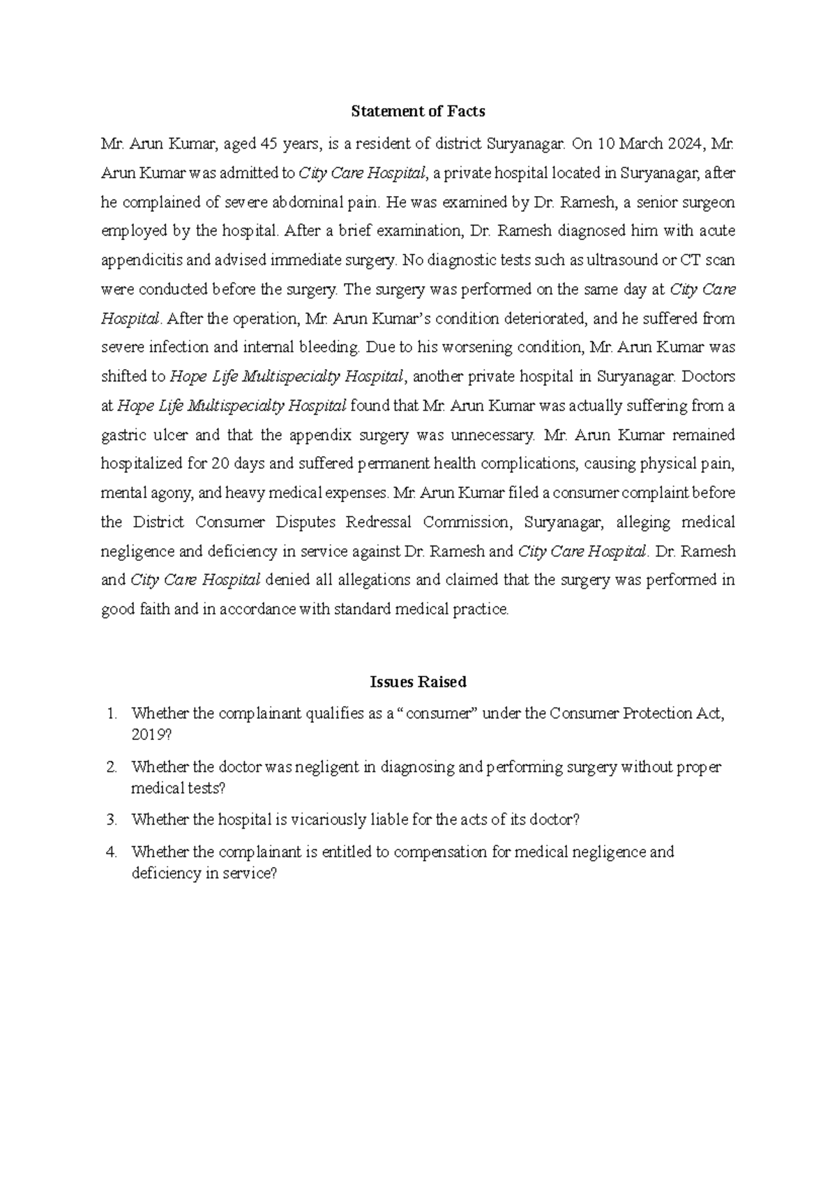 Moot Proposition: Medical Negligence Case of Mr. Arun Kumar - Studocu