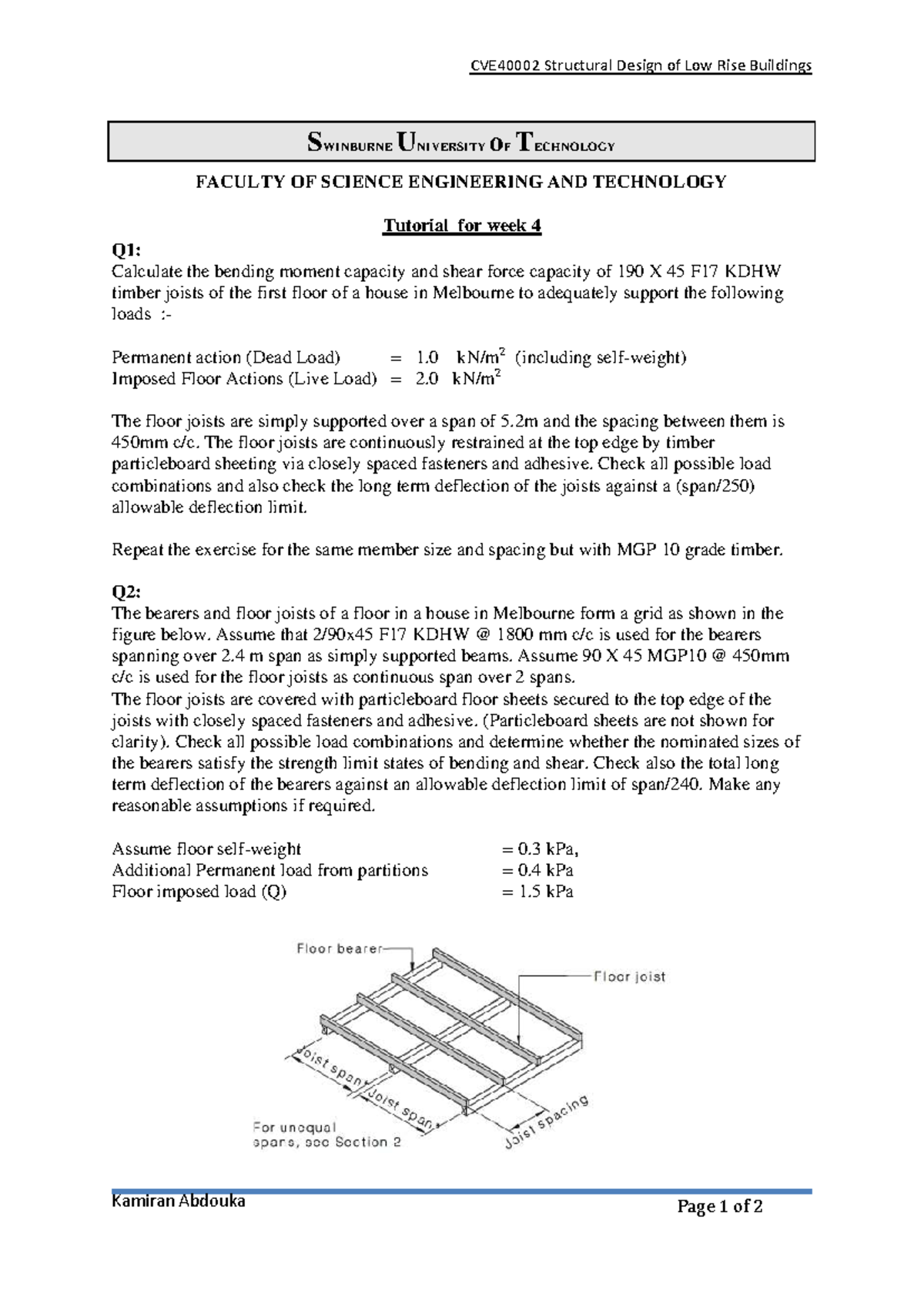 CVE40002 tutorial 4 - Structural design of low rise buildings - Studocu