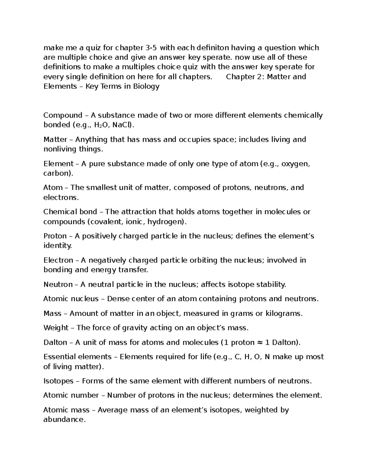 Biology Glossary: Key Terms from Chapters 2-5 for Quiz Preparation ...