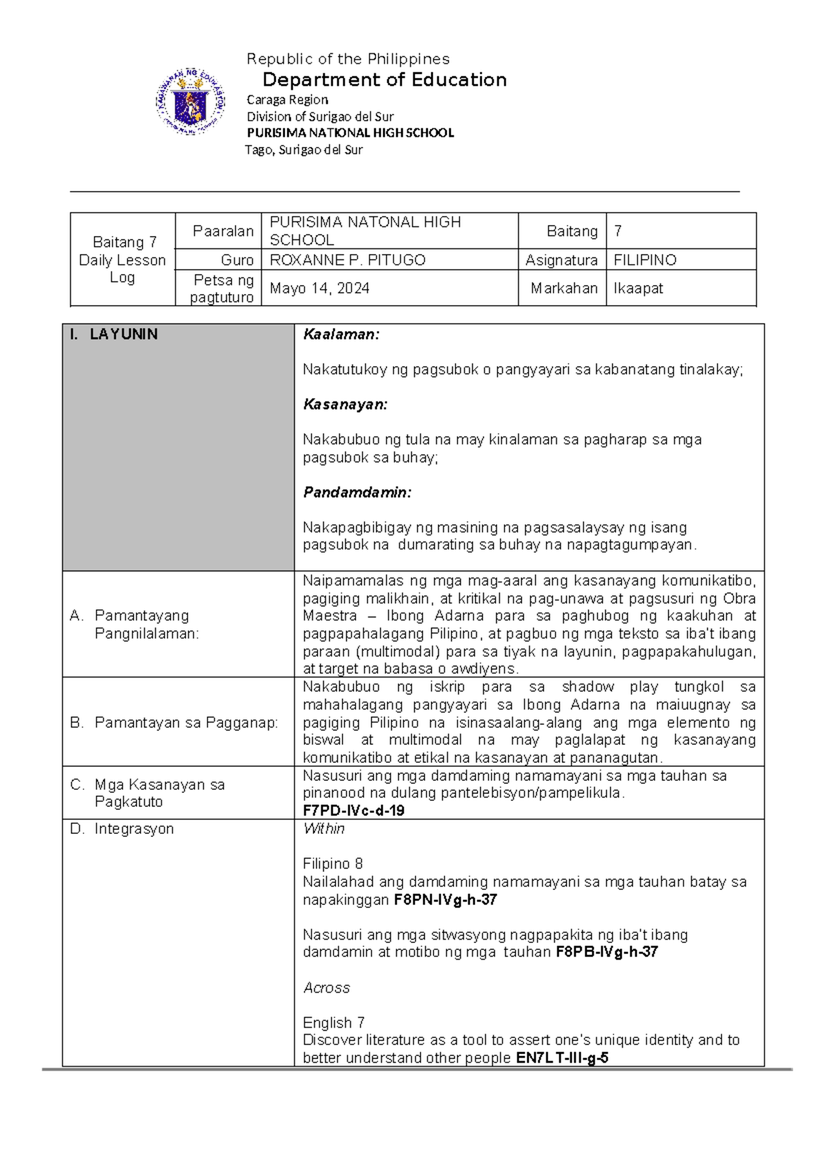 Sample Lesson Plan for Filipino 7: Pagsubok at Pag-unlad - Studocu