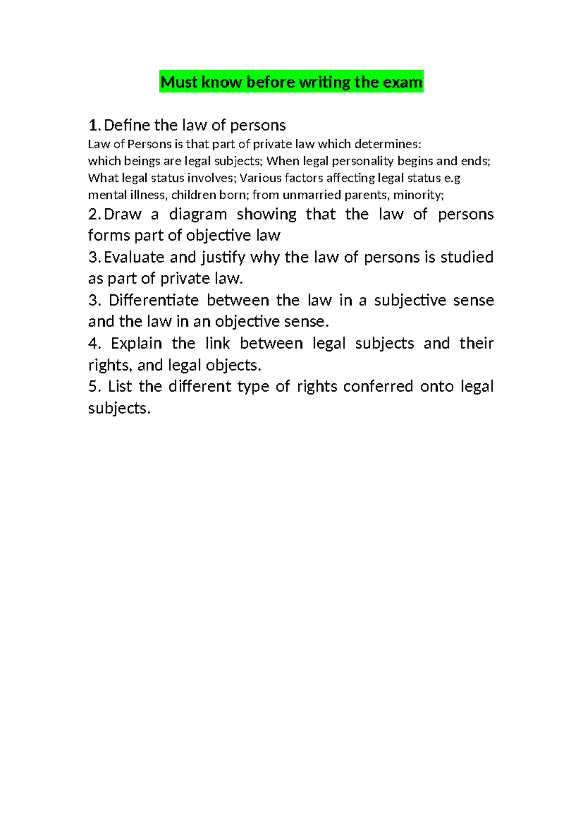 Law of Persons: Key Concepts and Exam Preparation Guide - Studocu