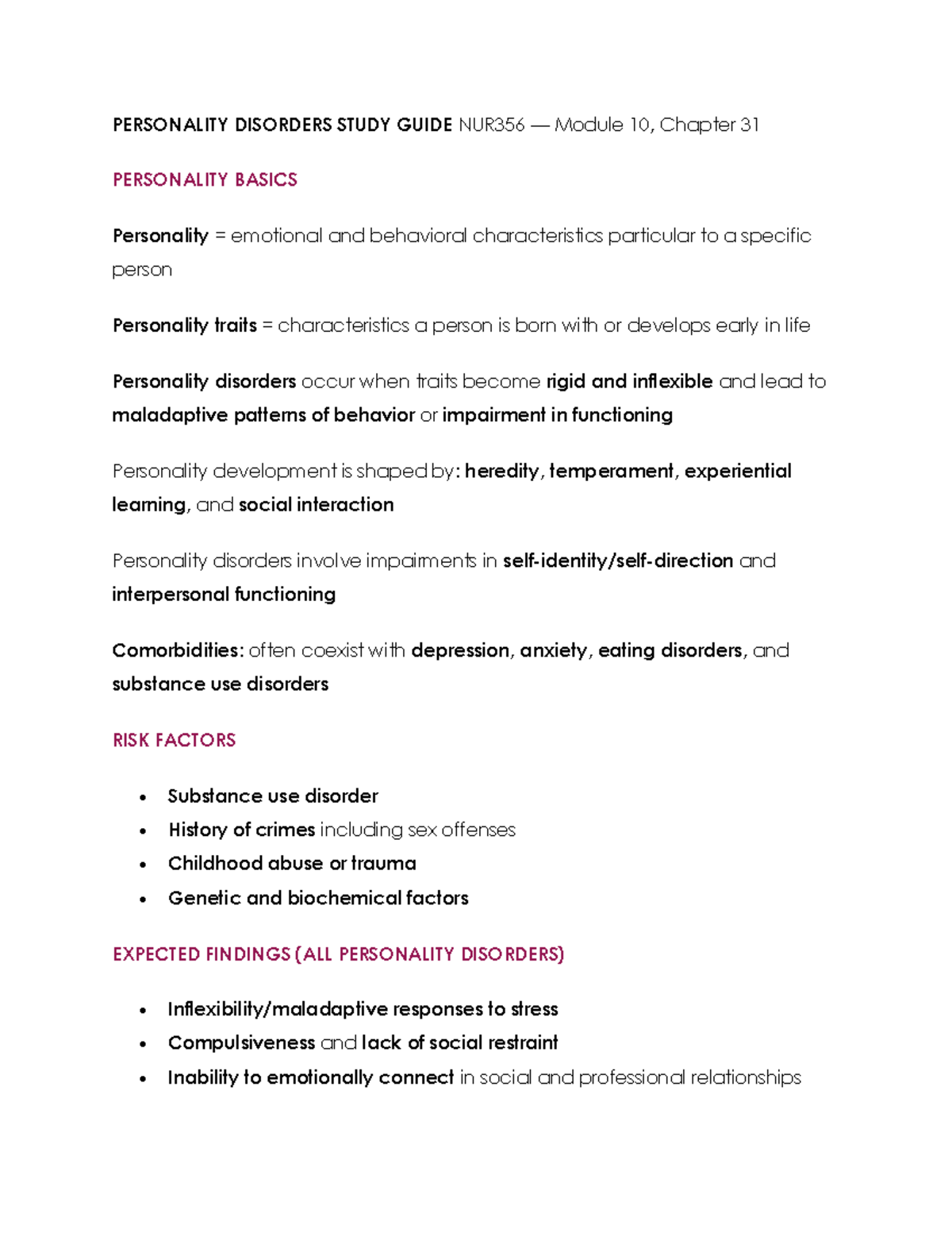 Mod 10 NUR356 Personality Disorders Study Guide: Key Concepts & Traits ...