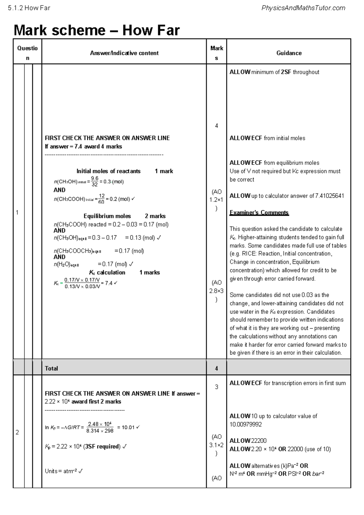 PhysicsAndMathsTutor.com 5.1.2 How Far Mark Scheme: Practice Questions ...