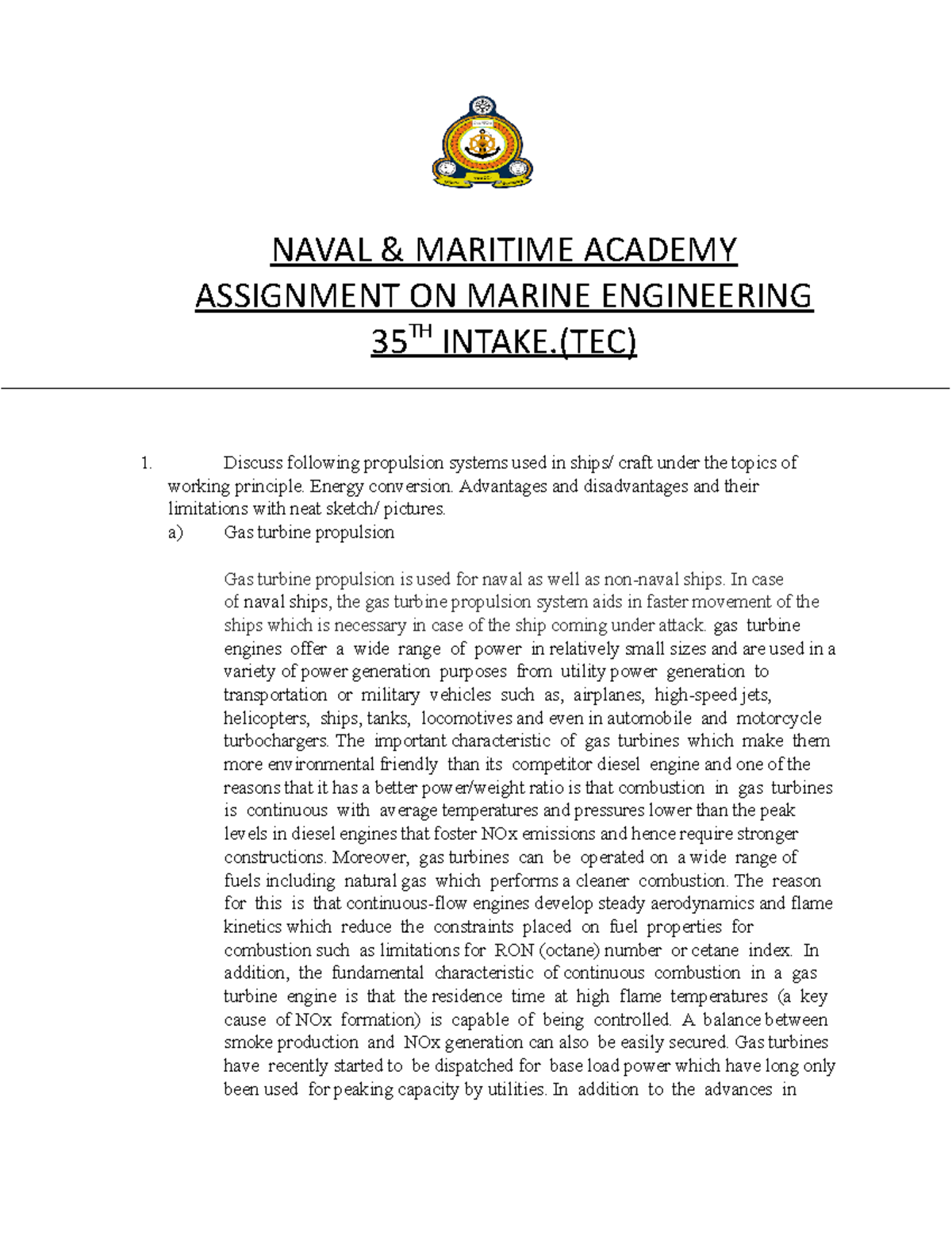 Propulsion system - mgkffgh - NAVAL & MARITIME ACADEMY ASSIGNMENT ON ...
