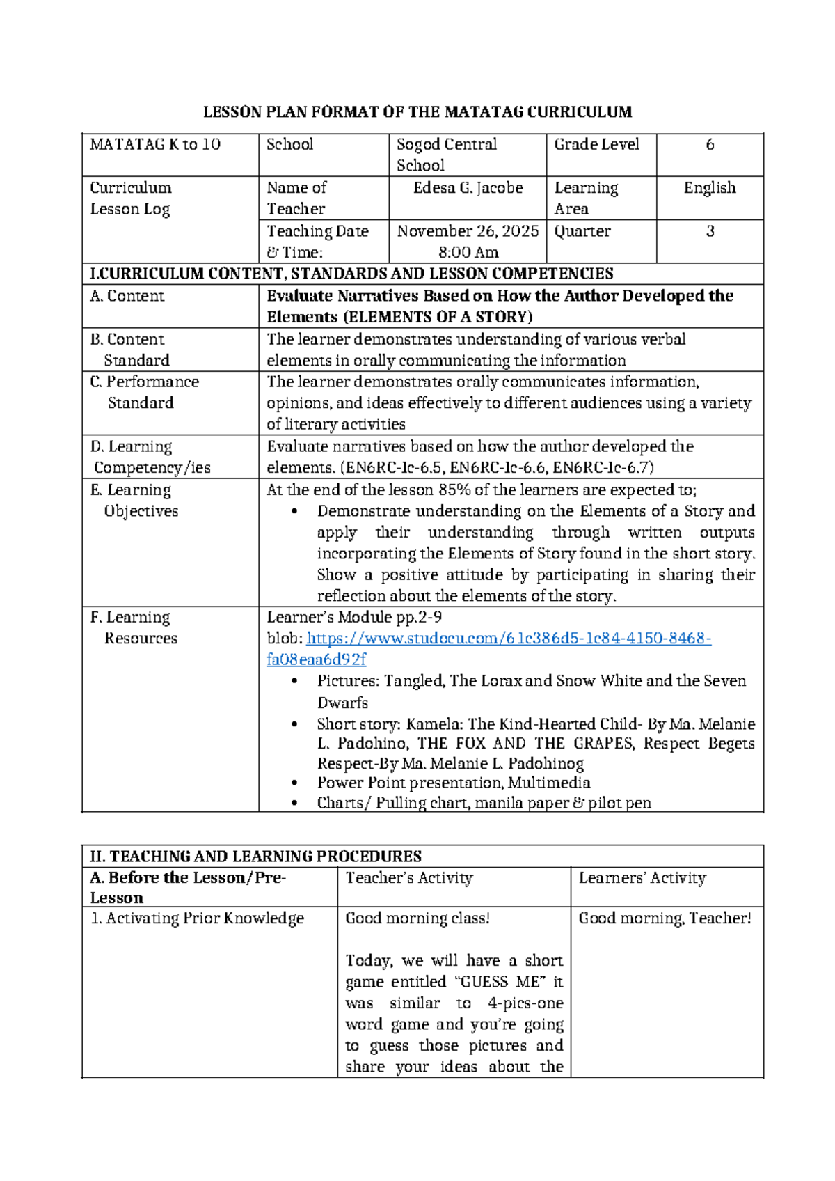 LESSON PLAN FORMAT: MATATAG K to 10 English 6 Final Exam - Studocu