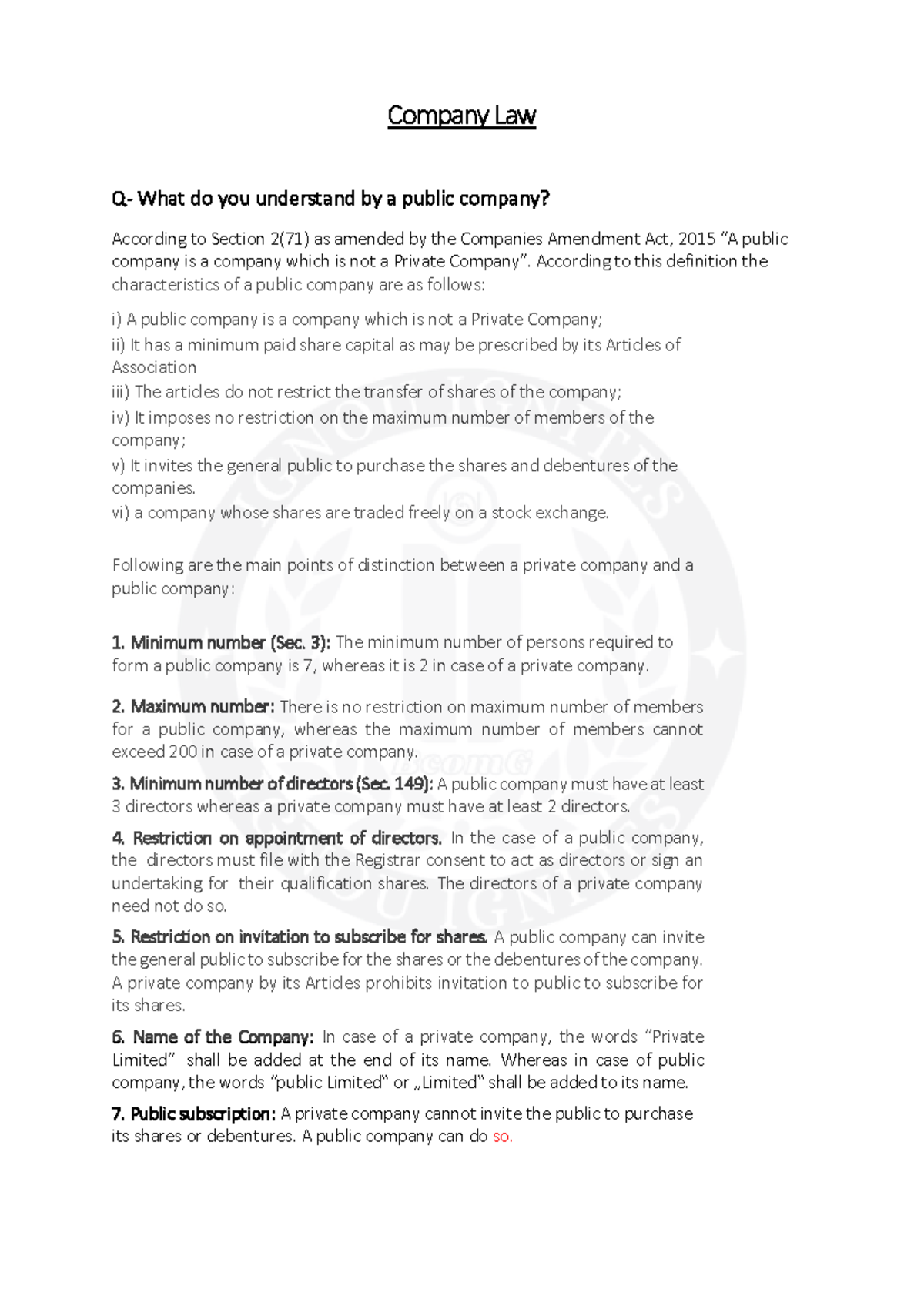 BCOC-135 Company Law: Key Concepts and Distinctions - Studocu