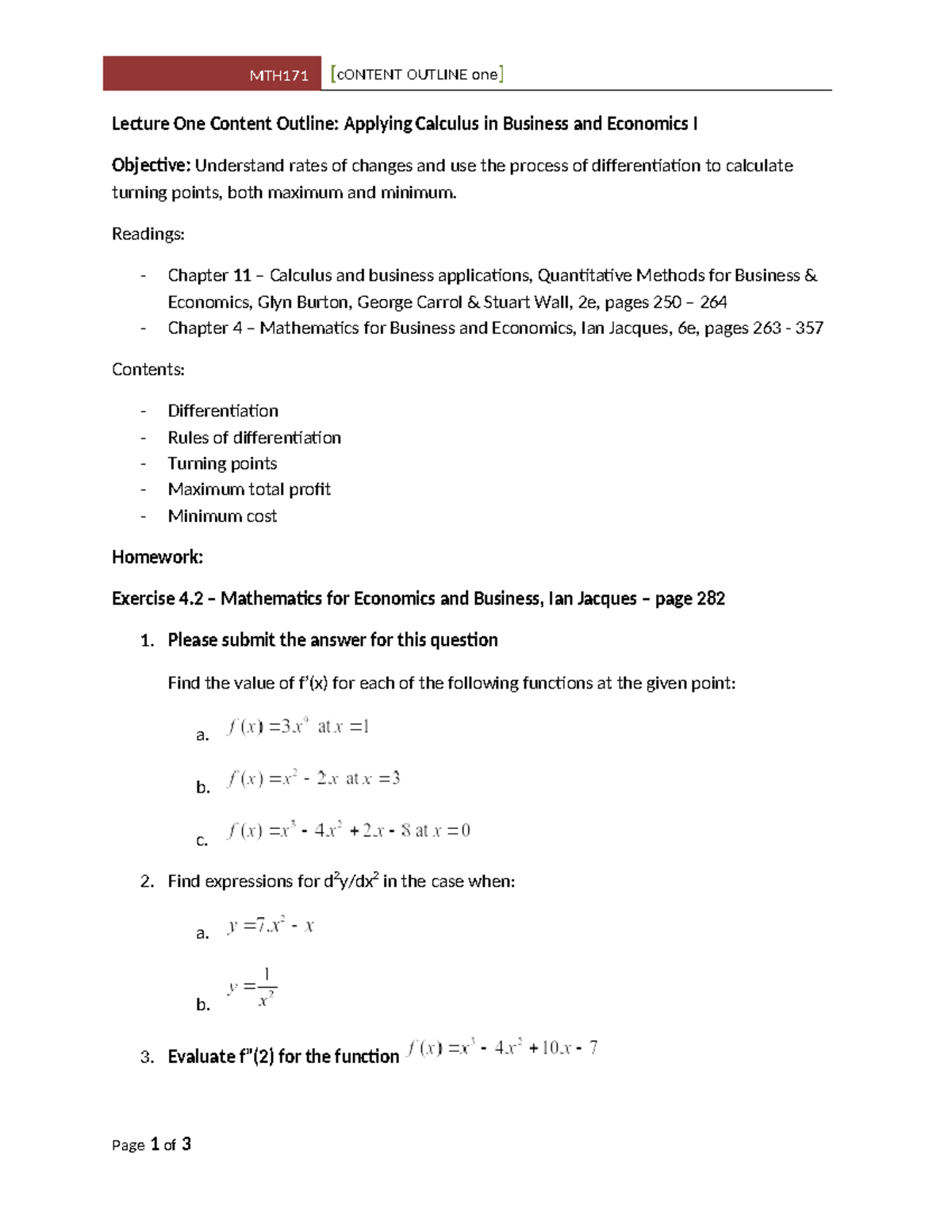 MTH171 Lecture 1: Applying Calculus in Business & Economics - Studocu