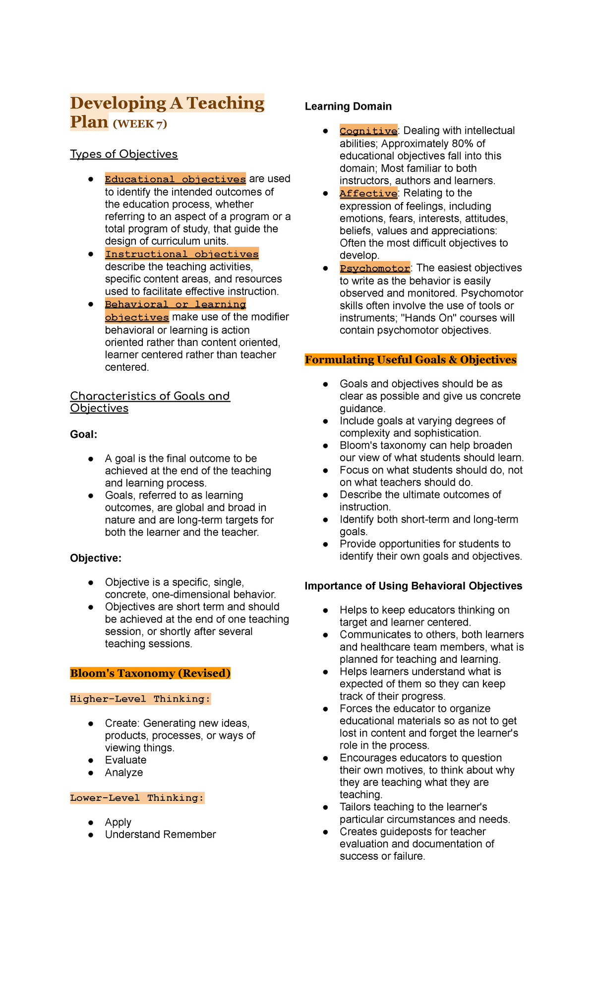 Health EDUC - Midterm Lecture Notes on Teaching Plans and Objectives ...