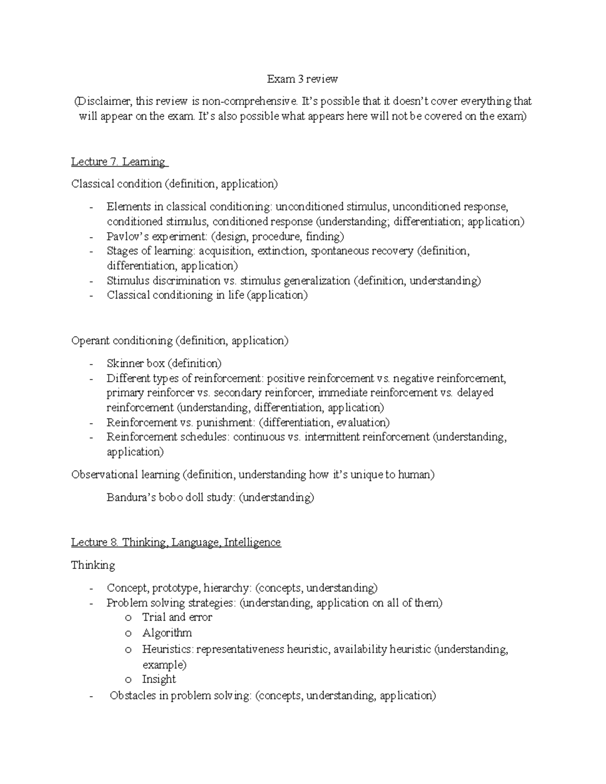 Psyc 100 Exam 3 Review: Classical Conditioning & Intelligence Concepts ...
