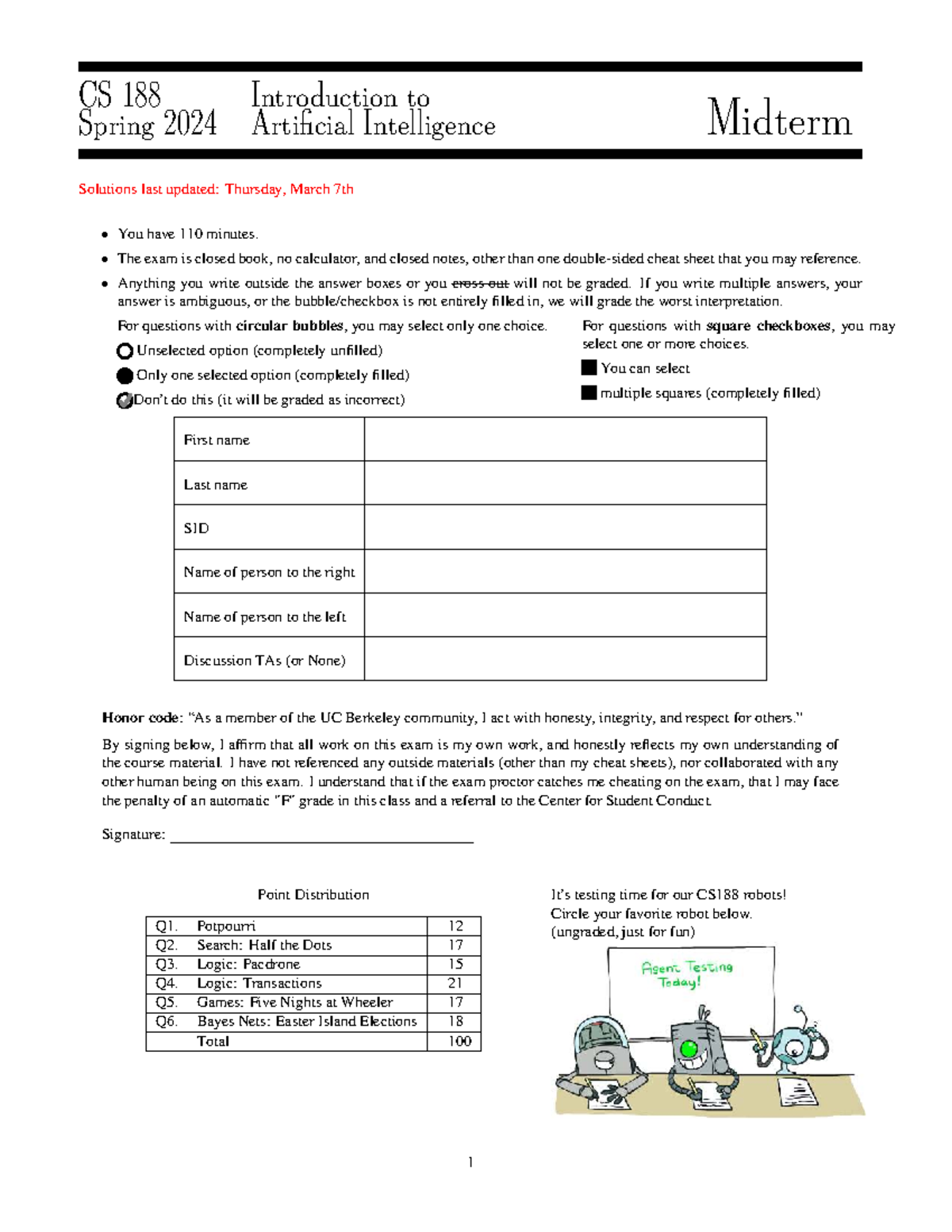 CS 188 Spring 2024 Midterm Exam Solutions and Guidelines - Studocu