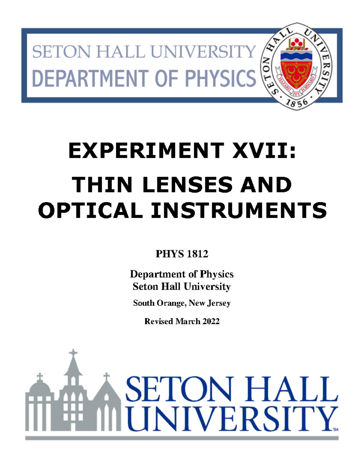 PHYS 1812 Experiment XVII: Thin Lenses & Optical Instruments - Studocu