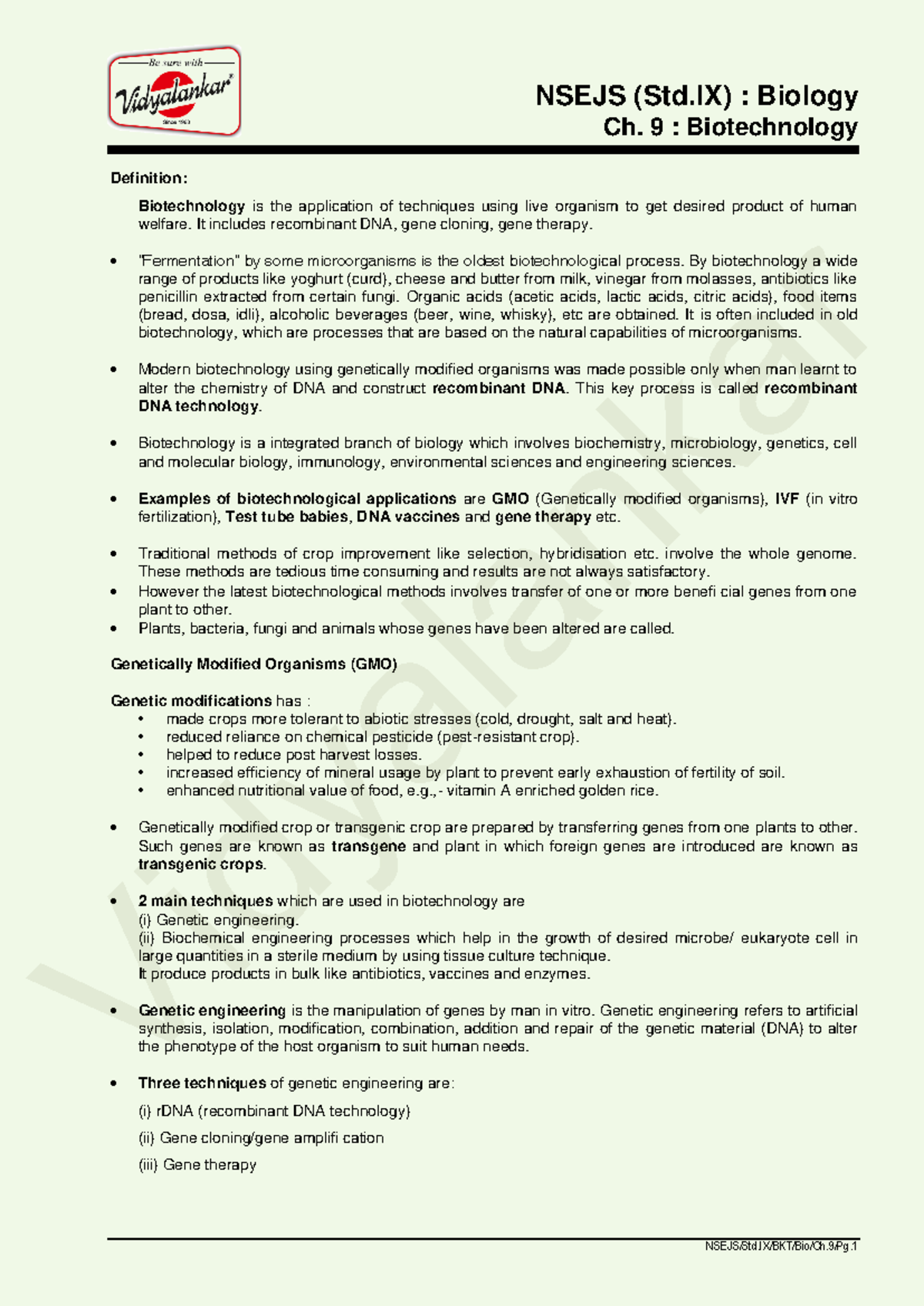 NSEJS Std IX Ch 9: Biotechnology and Its Key Applications - Studocu